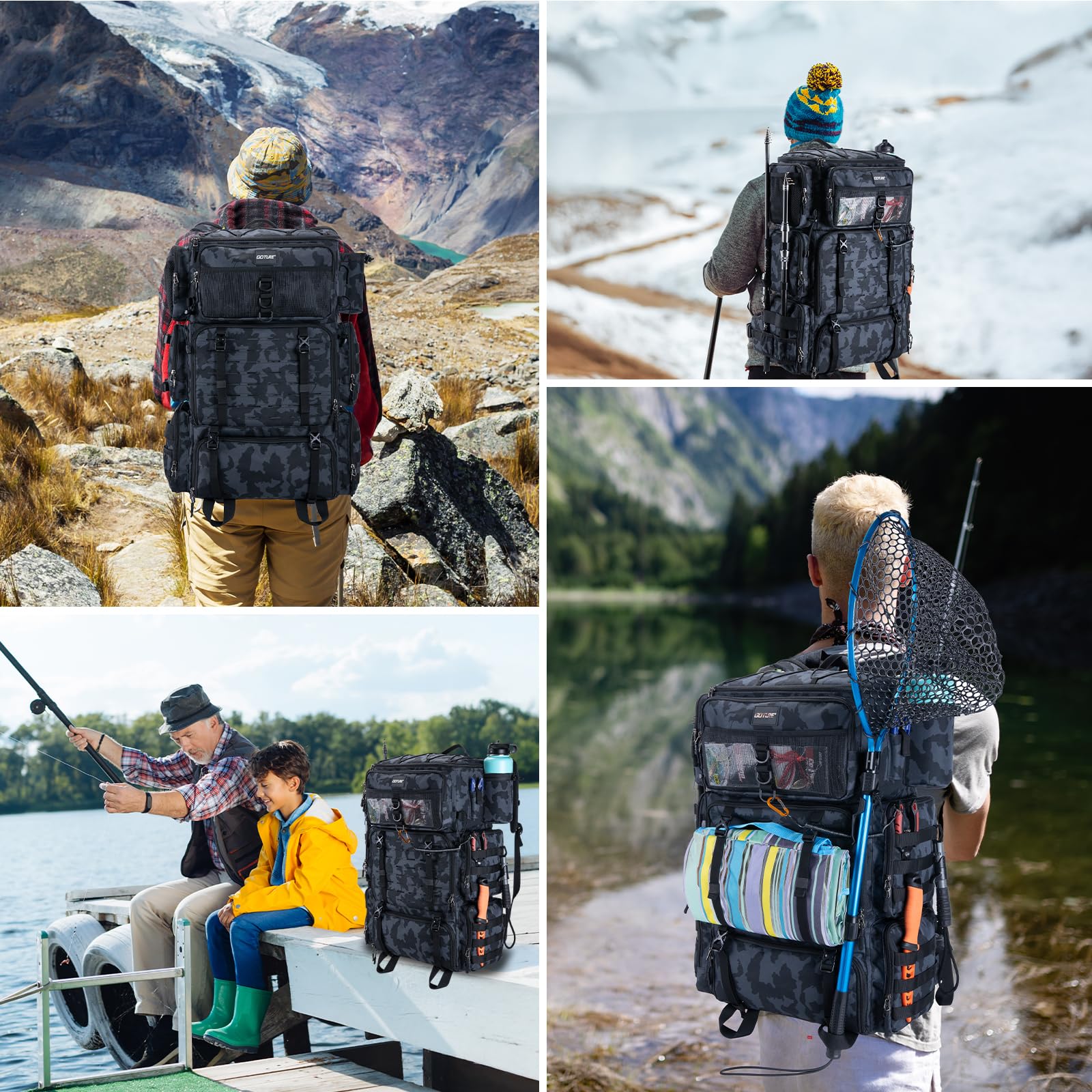 Goture Sac à dos de pêche 72 l avec sac isotherme (16 l) et compartiment sec/humide – Compartiments réglables Sac à outils de pêche imperméable, 2 porte-cannes, protection contre la pluie pour pêche