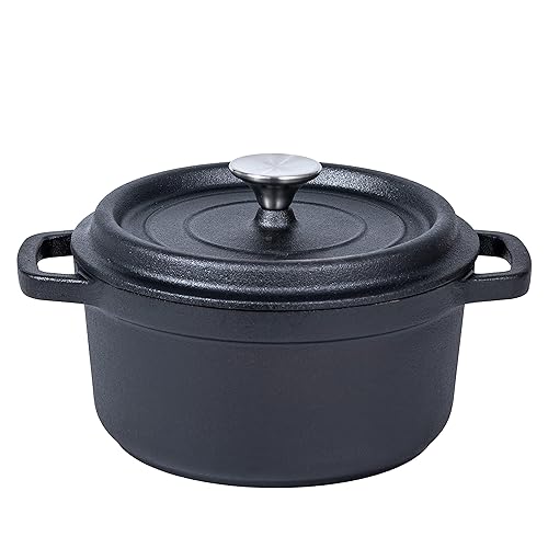 Bruntmor - Horno holandés redondo de hierro fundido esmaltado precurado de 6.5 cuartos de galón, con tapa y asa utensilio de cocina resistente para
