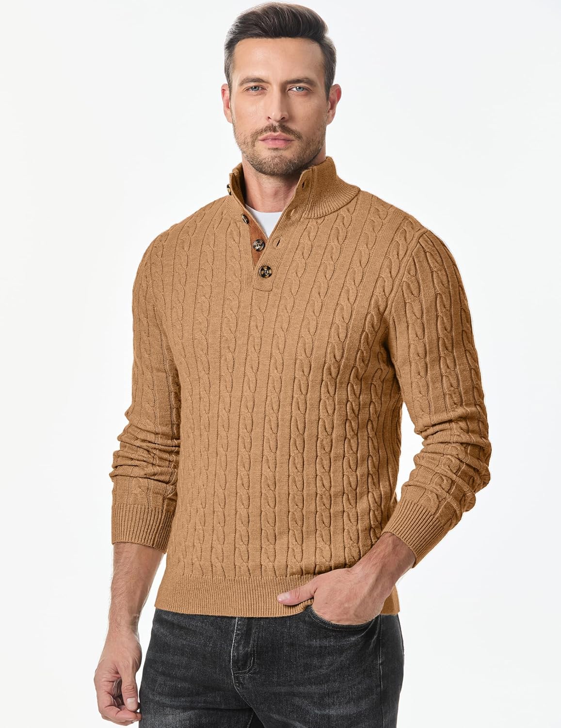 JMIERR Men's Cable Knit Pullover Sweater Casual Long Sleeve Stand Collar Button Knitted Sweaters - Image 7