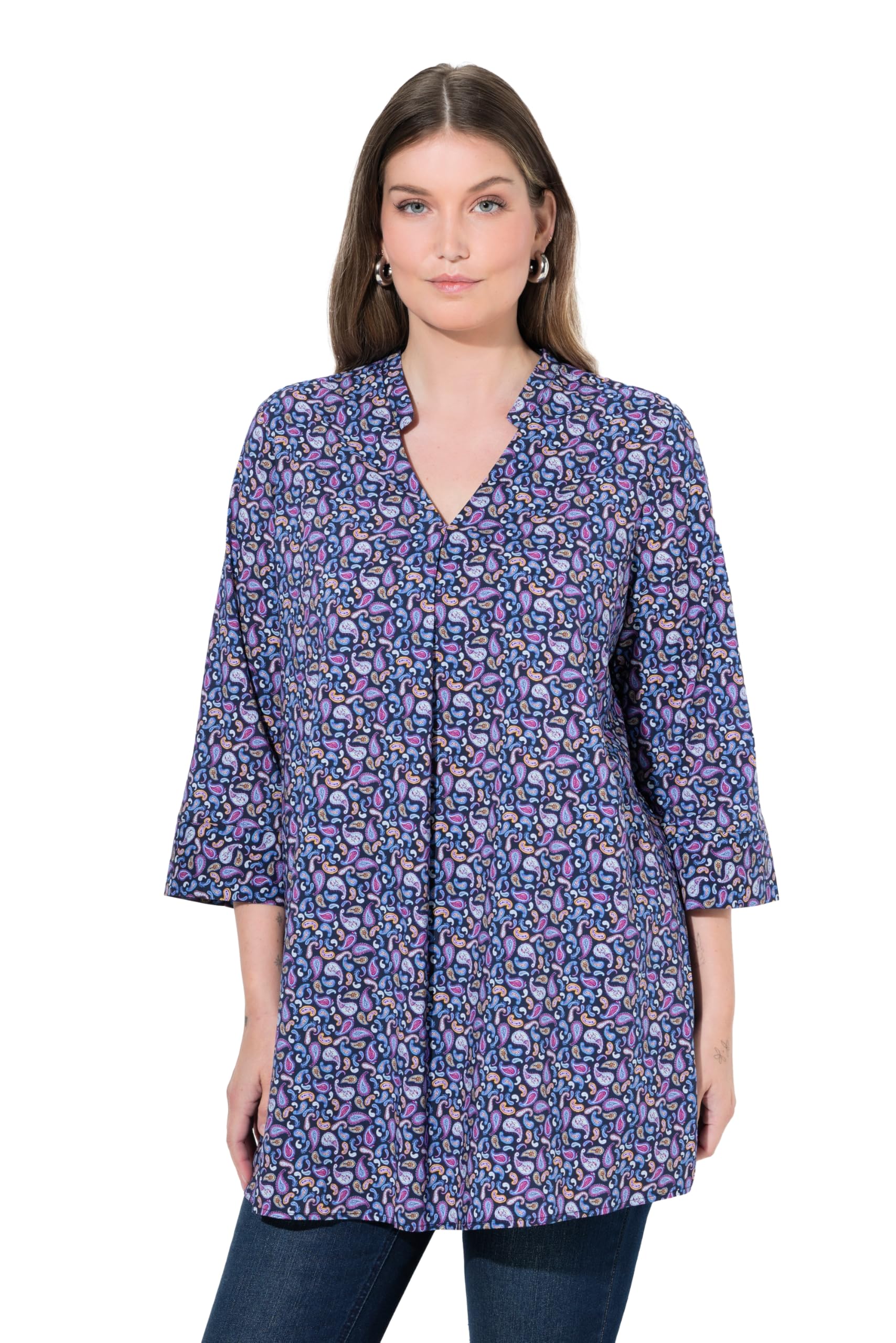 Ulla Popken Damen große Größen Übergrößen Plus Size Tunika, Paisleymuster, V-Ausschnitt, 3/4-Arm 847708