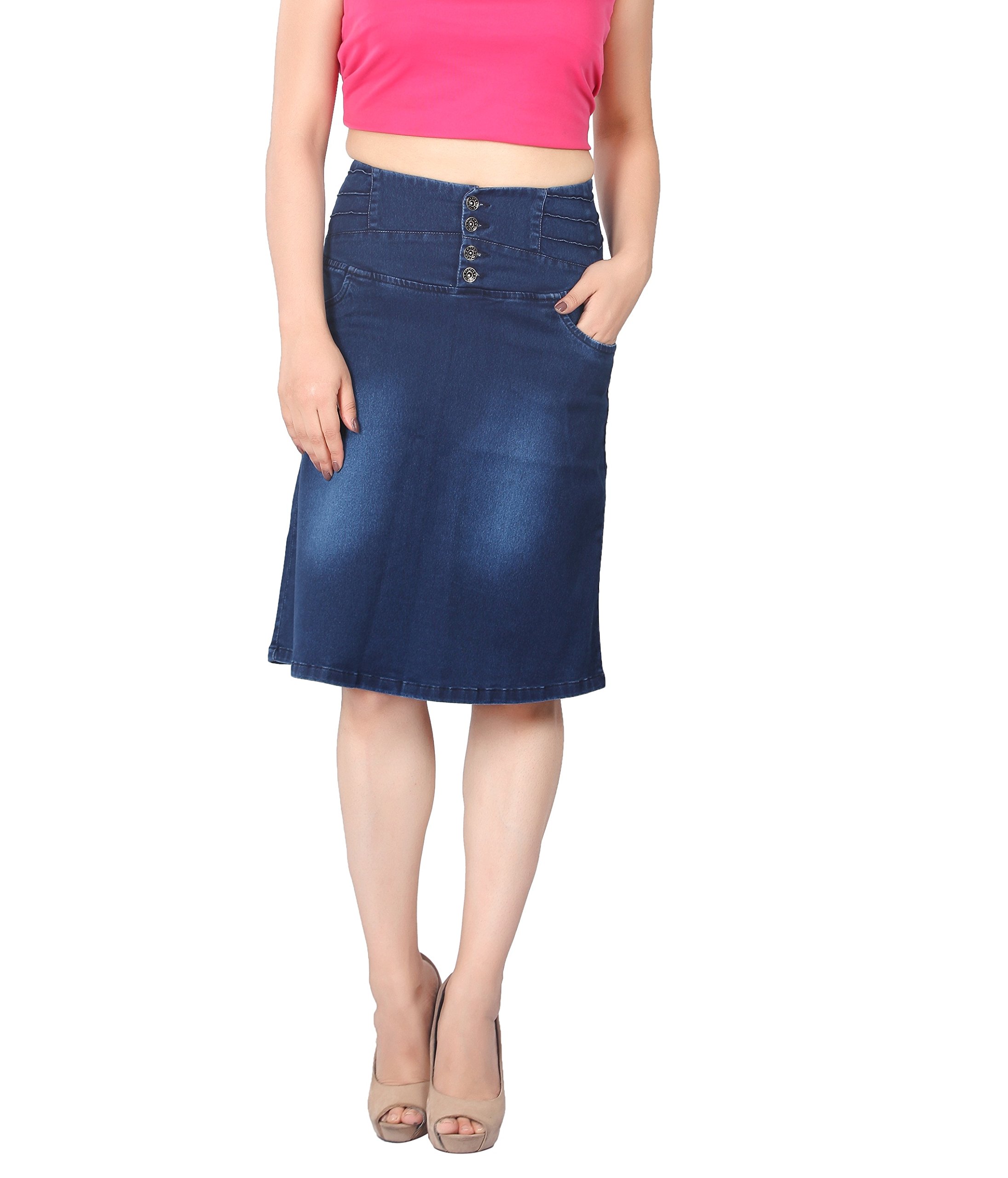 FCK-3Women's Designer Waist Silky Stretchable Denim Skirt, Denimx, 32