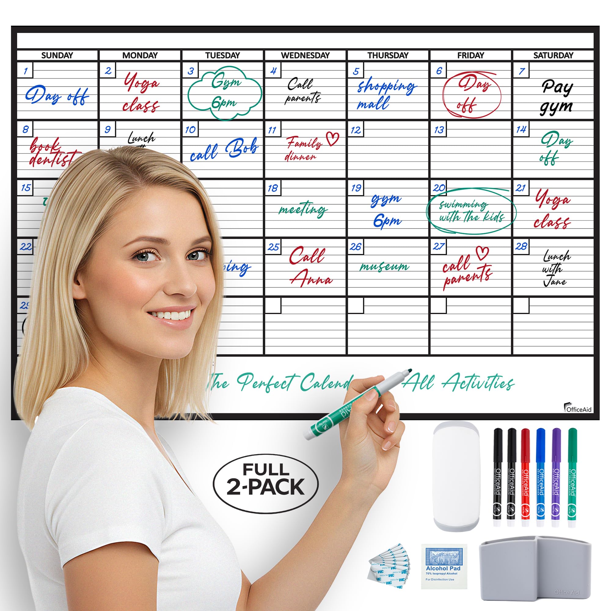 (2 PK) Large Dry Erase Calendar for Wall, 24x36, Large Wall Calendar Dry Erase, Big White Board for Office, Home & School, Giant Erasable Whiteboard,