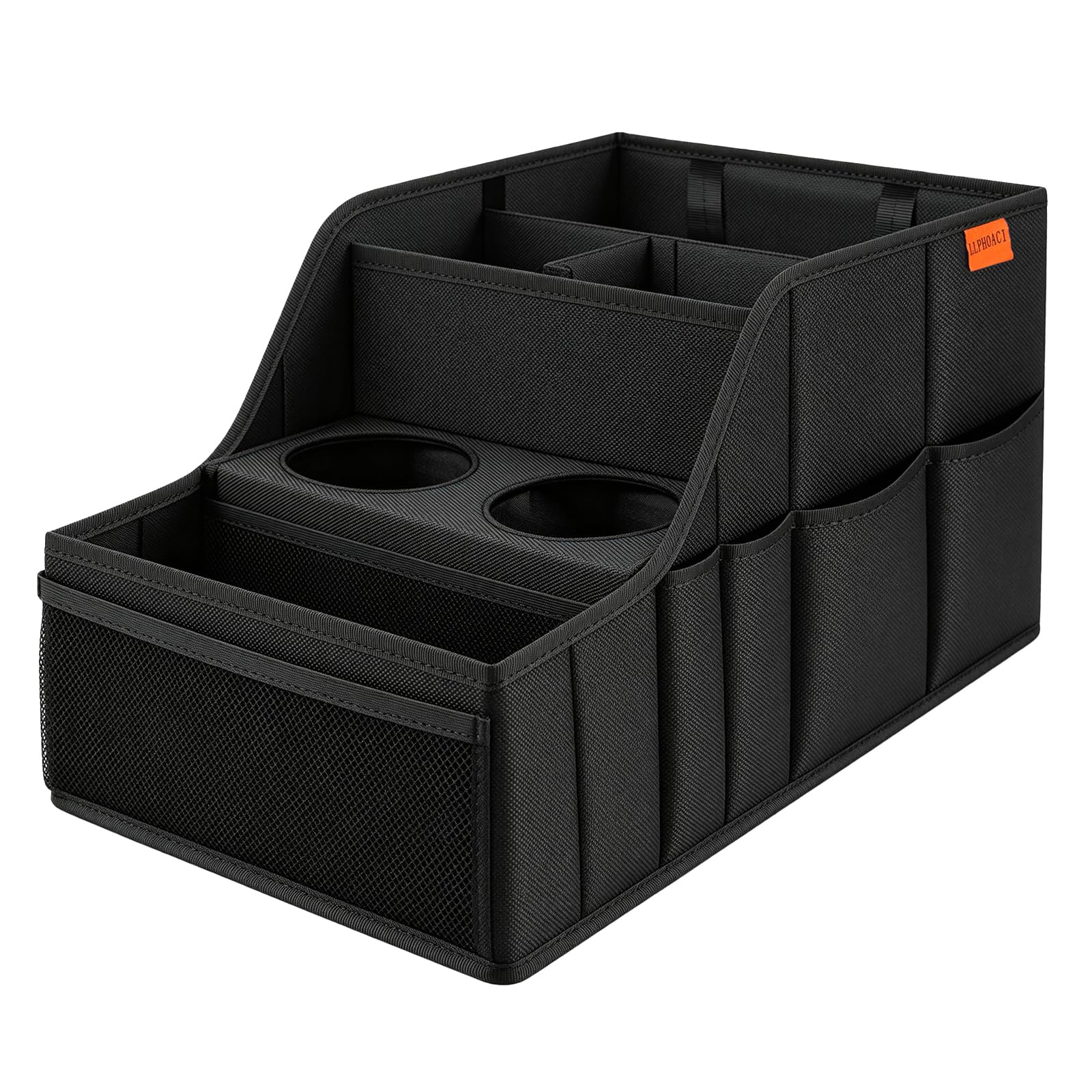Auto Organizer – stabil, faltbar – 9 Fächer, 2 Getränkehalter – auto organizer für Rücksitz & Beifahrersitz – viel Platz – ideal für Reisen (Schwarz)