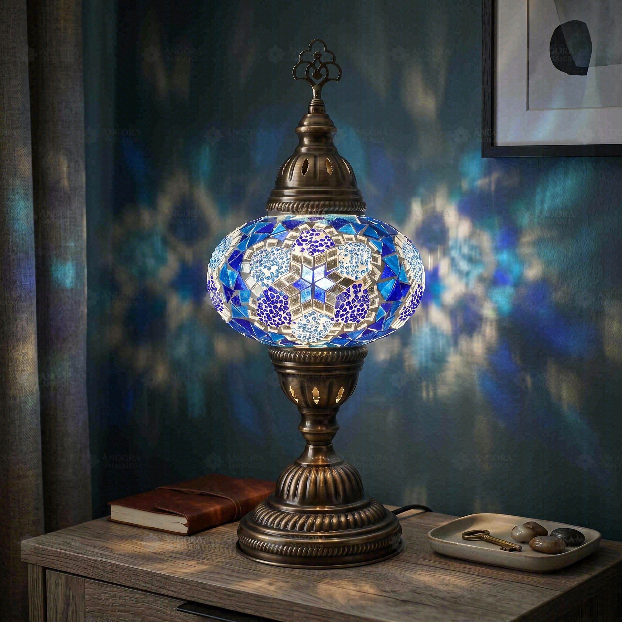 ENVA Lampada da tavolo a mosaico turco blu, lampada da tavolo in vetro mosaico fatto a mano, motivo geometrico a stelle, lampada da comodino stile bohémien marocchino