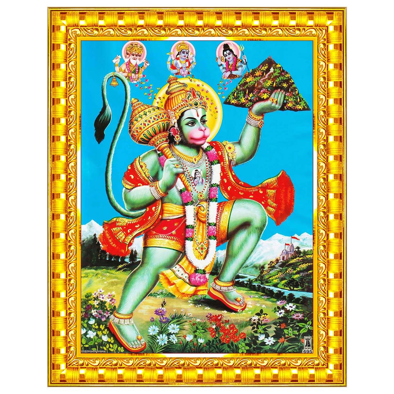 Lord Hanuman Ji Hanumanji Jai Bajrangbali Wall Painting Framed Home Decor (Wood,Matte,Gold,Small Size,6 x 8 Inch) R769S