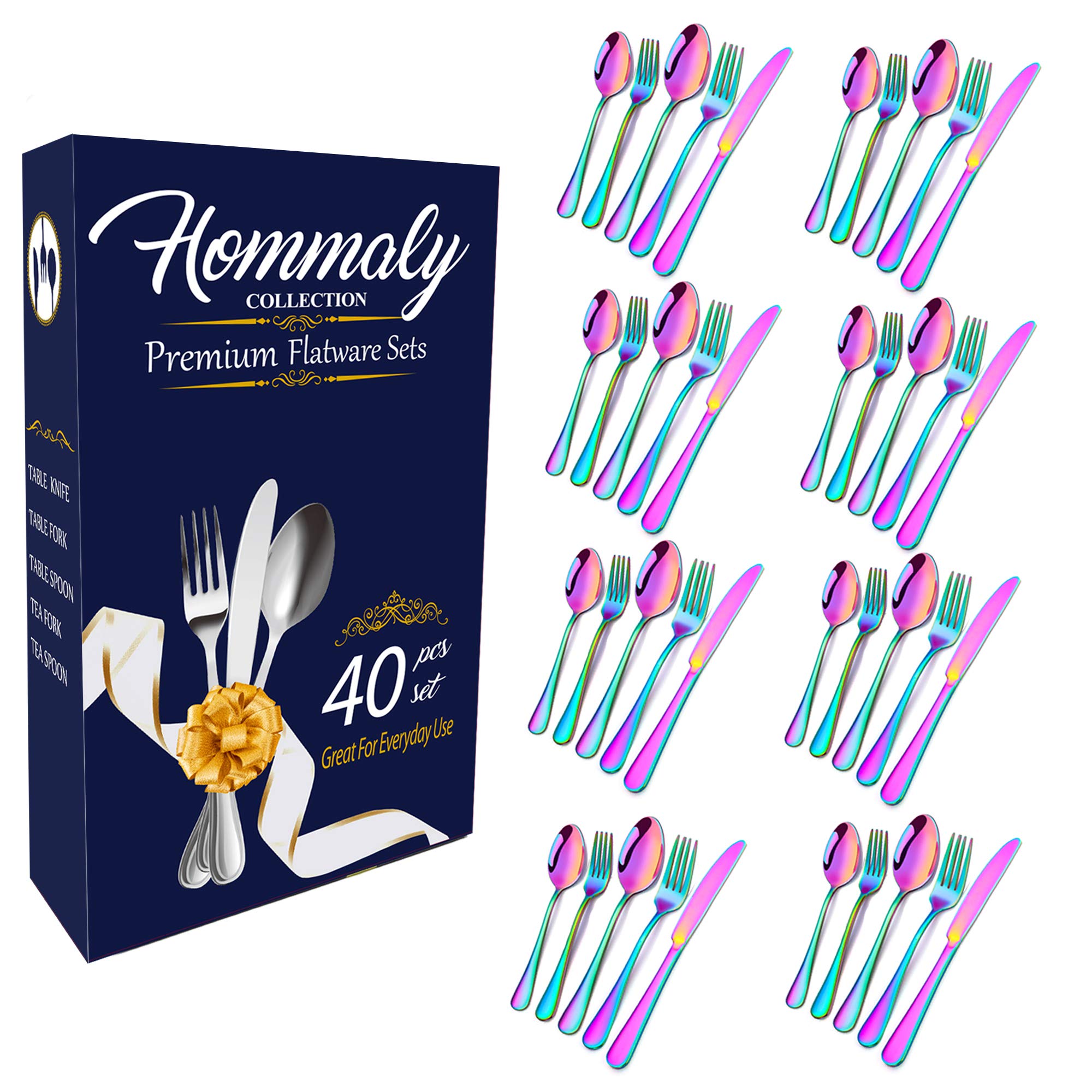 Rainbow Silverware Set Colorful Stainless Steel flatware Dinnerware Set, Colored Tableware Set for 8, 40 piece flatware Set Service for 8, Mirror Finish Multicolor Cutlery Set (rainbow 40)