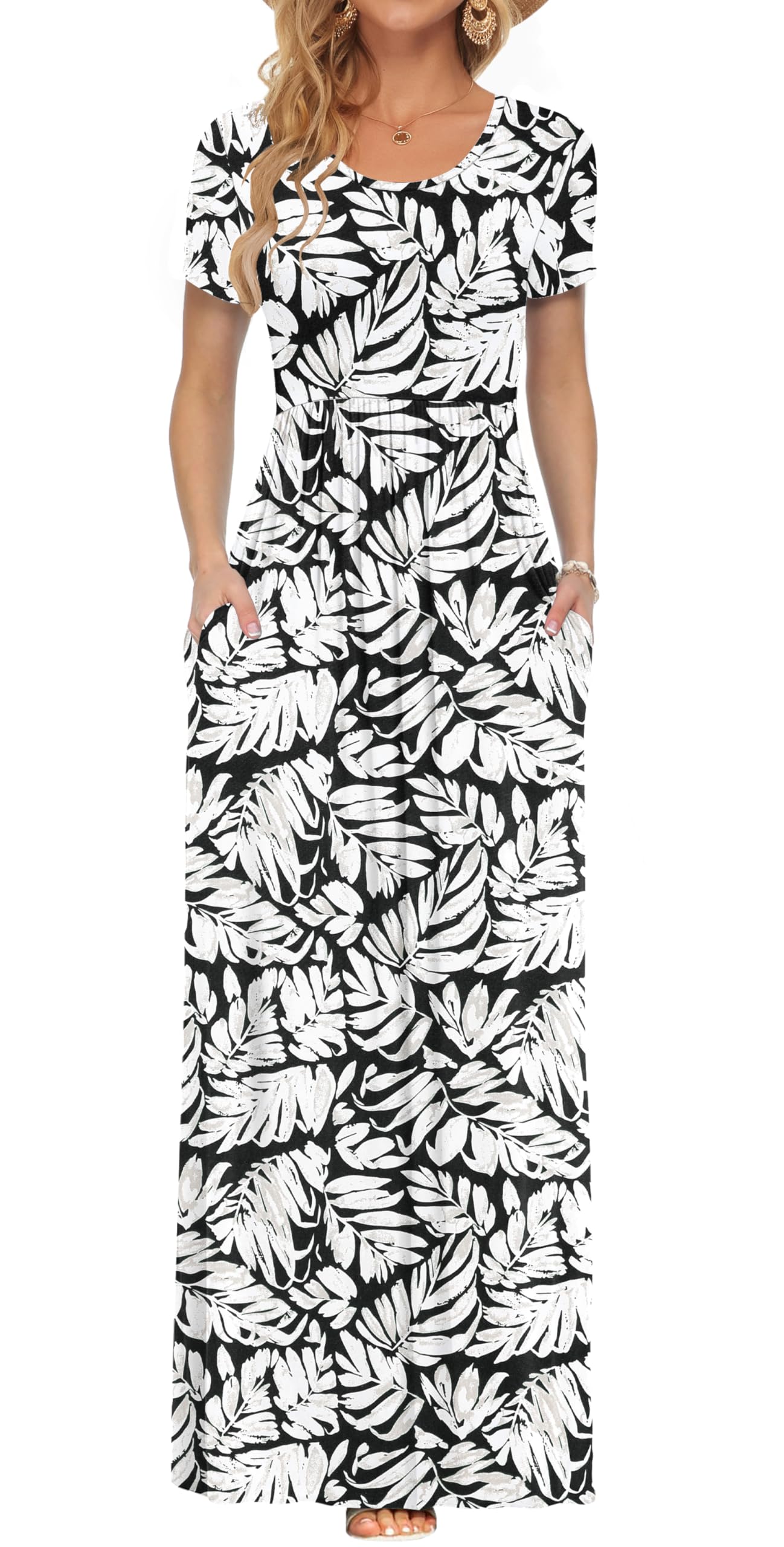 AUSELILY Women's Summer Short Sleeve Loose Plain Casual Long Maxi Dresses | Year Round wear solid floral print, Casual wear, Empire waist, Floor length, Side pockets