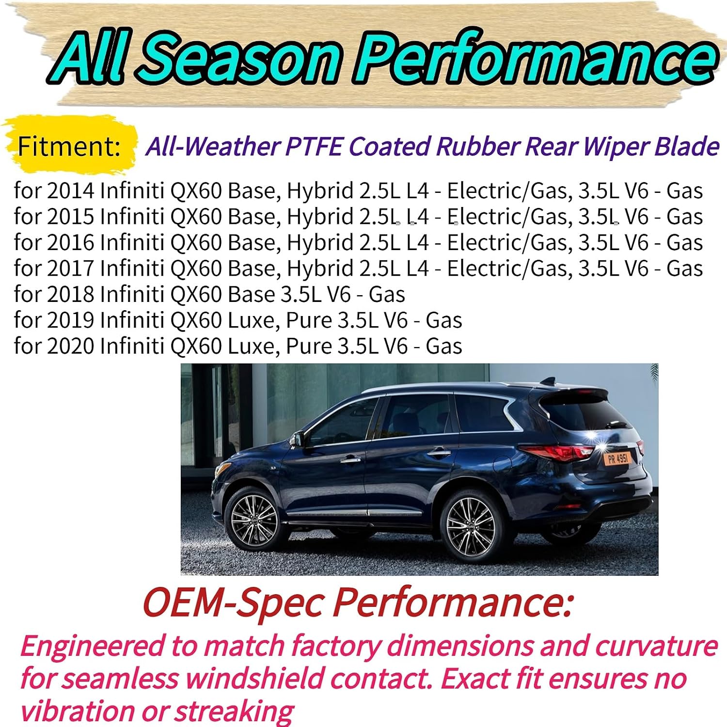 Rear Wiper Blade & Arm Replacement for Infiniti QX60 2014-2020 2019 2018 2017 2016 2015 2014 OEM Fit for Base Hybrid Luxe Pure Models Rear Back Windshield Wiper Blade Set Replacement