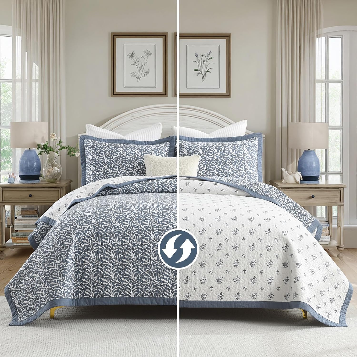 PANGUSHAN Quilt Set King Size - 100% Cotton King Comforter Set, Floral Botanical Bedspread with 2 Pillow Shams, Lightweight Bedding, King Bed Spread for All Season, Dusty Blue/White