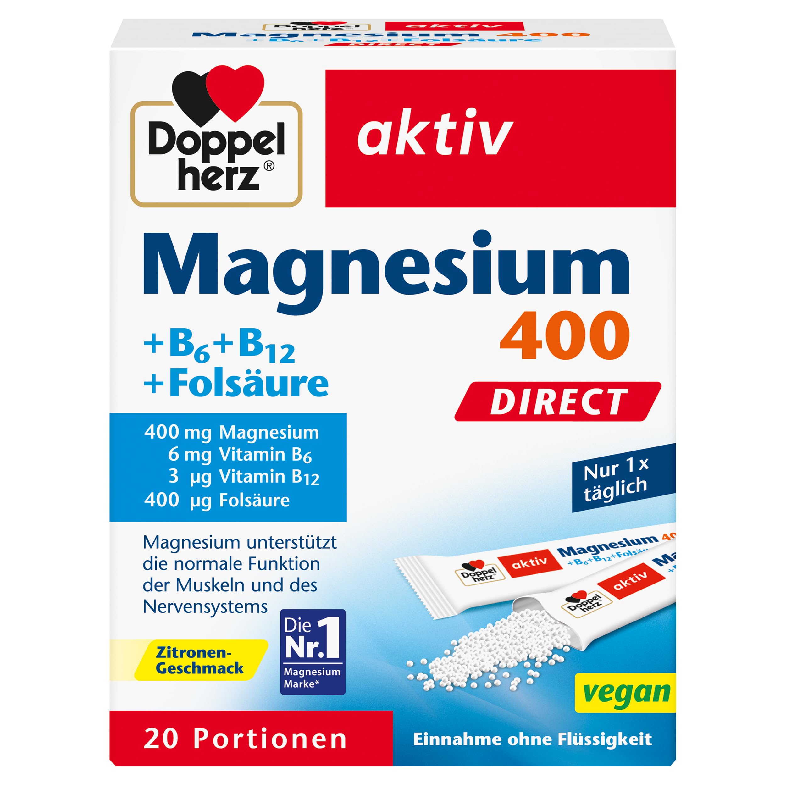 Doppelherz Magnesium 400 + B6 + B12 + Folsäure DIRECT - Magnesium unterstützt die normale Funktion der Muskeln und des Nervensystems - 20 vegane Portionen