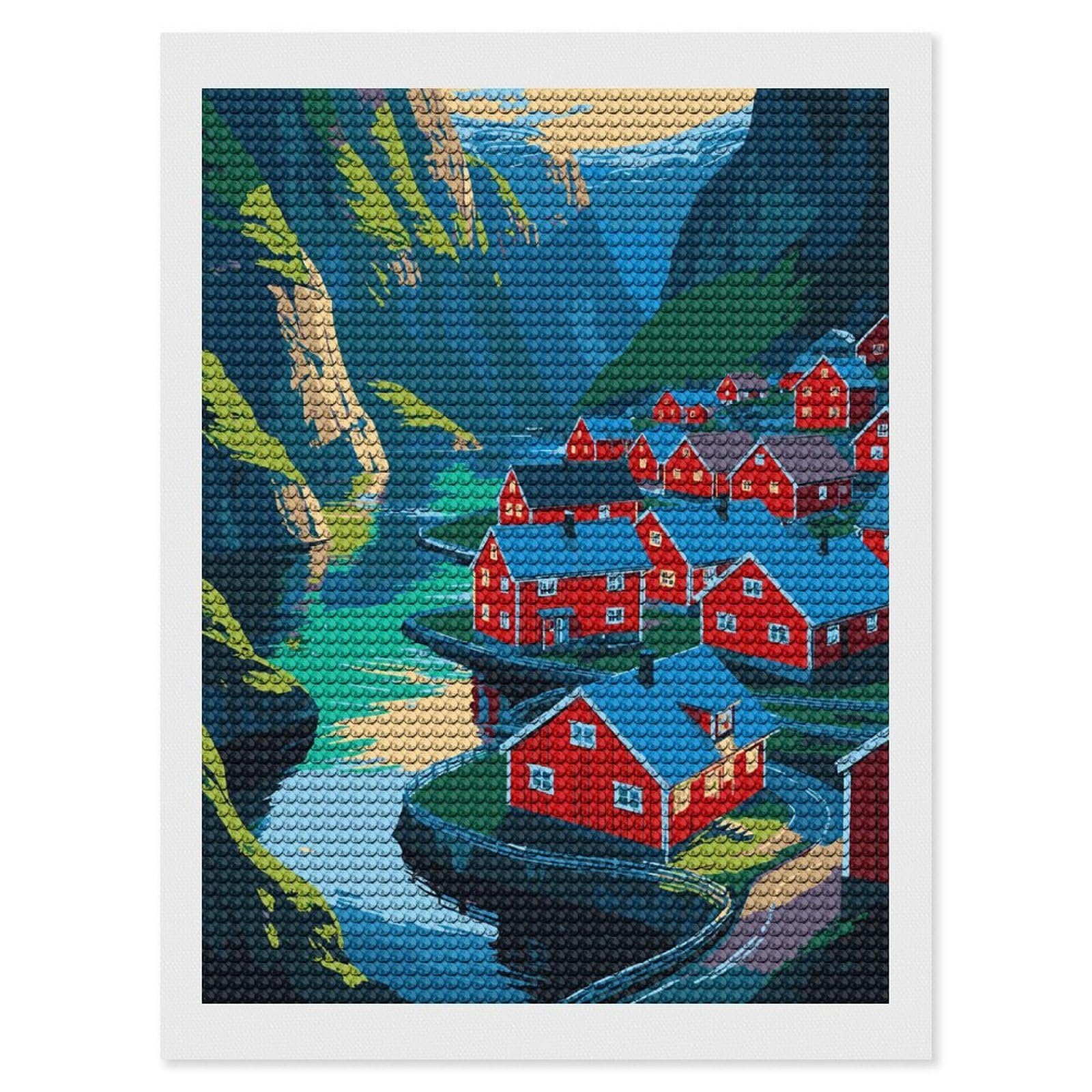 Junmoney Colorful Fjord Village Illustration Diamond Painting Canvas Set 12"x16", Satisfying Creative Project, Easy to Follow Symbols, Fun Craft Experience