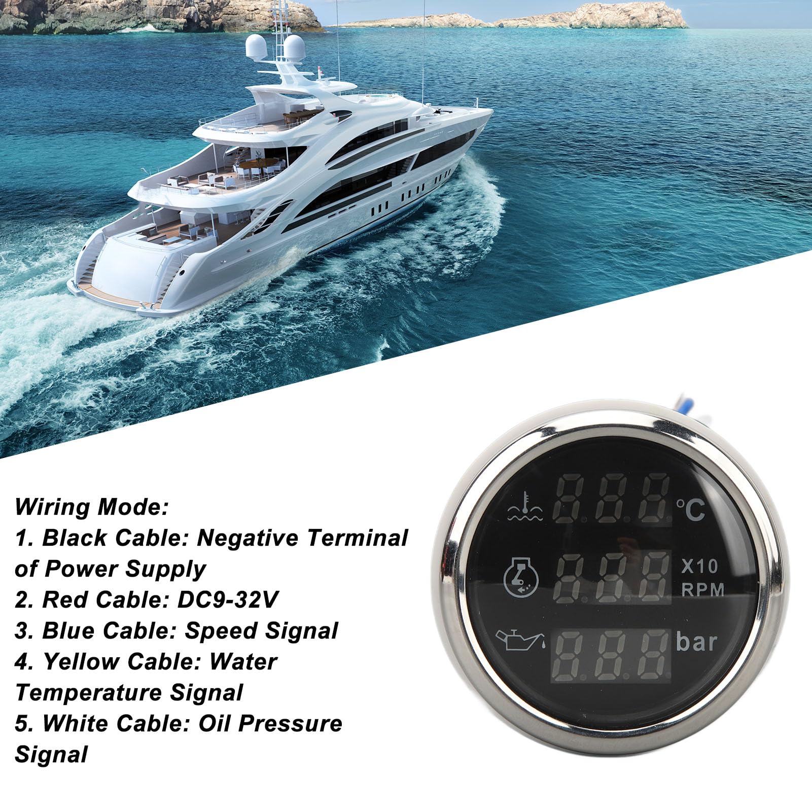 Keenso Jauge de Pression D'huile de Bateau, Jauge de Température de l'eau, Compteur de Pression D'huile de Vitesse 52 Mm, Compteur à Affichage Numérique 3 en 1 pour