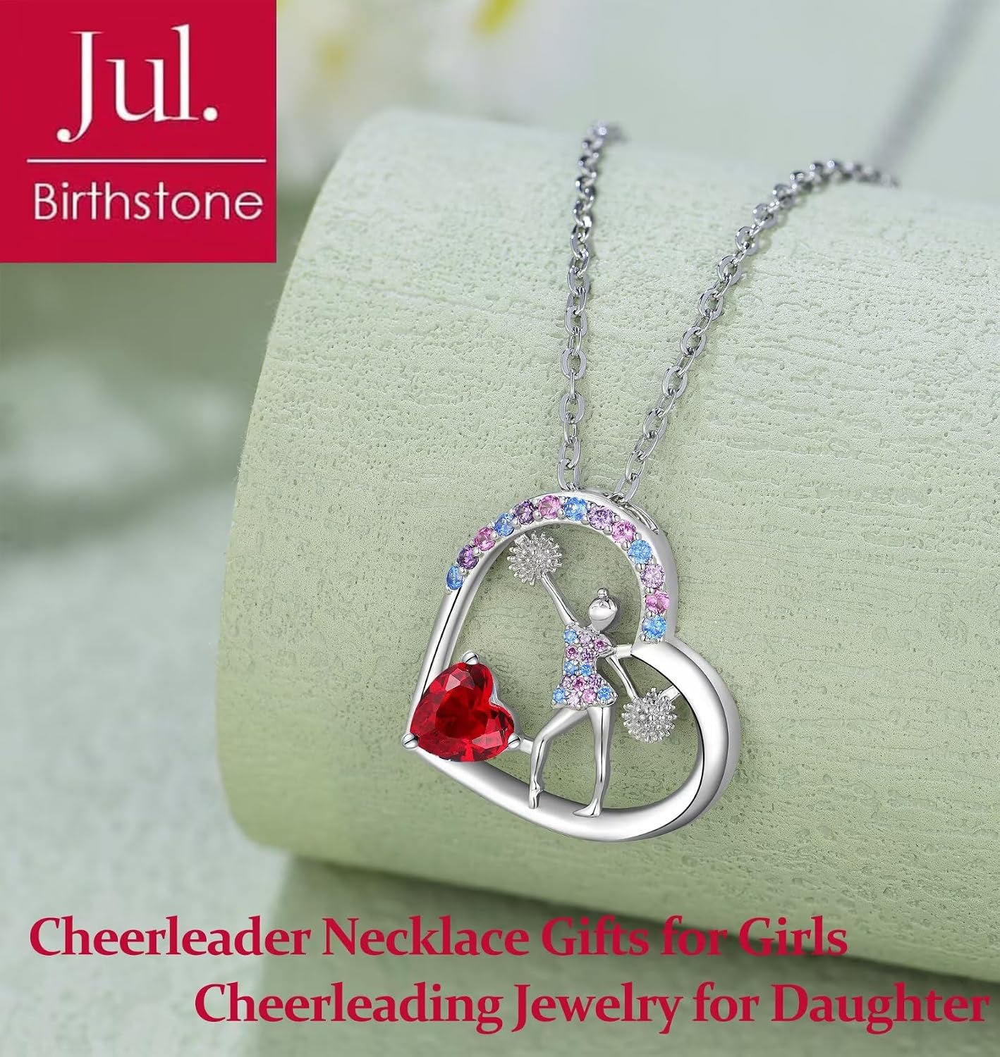 Birthstone Cheerleader Necklace Gifts for Girls Heart Rainbow Cheerleading Cheering Jewelry Pendant Sport Cheer Birthday Gifts for Kids Little Girl Daughter Granddaughter