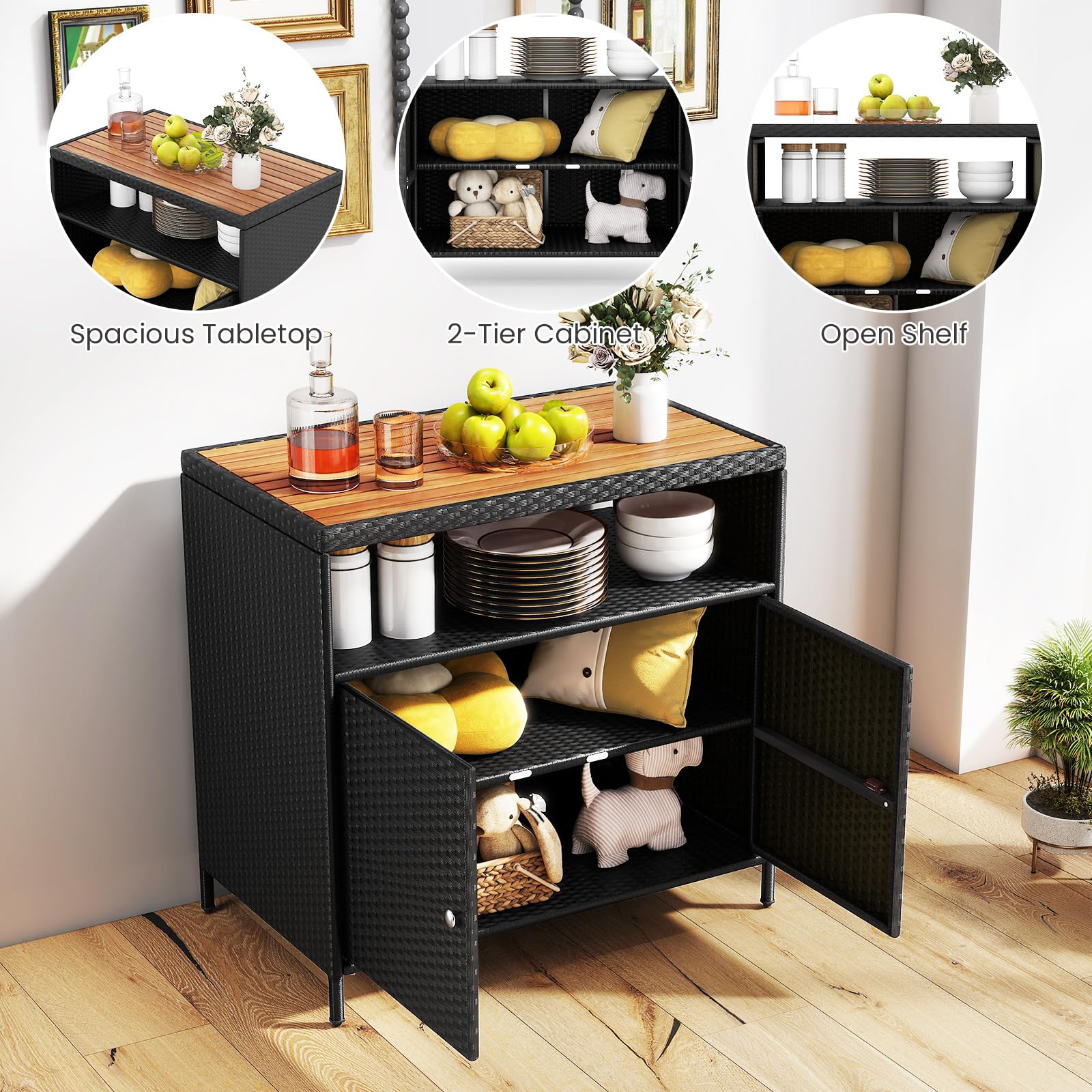 GIANTEX Armoire de jardin buffet en rotin avec plan de travail et étagère, armoire d'appoint pour jardin, balcon et piscine, 90 x 53 x 86 cm, noire