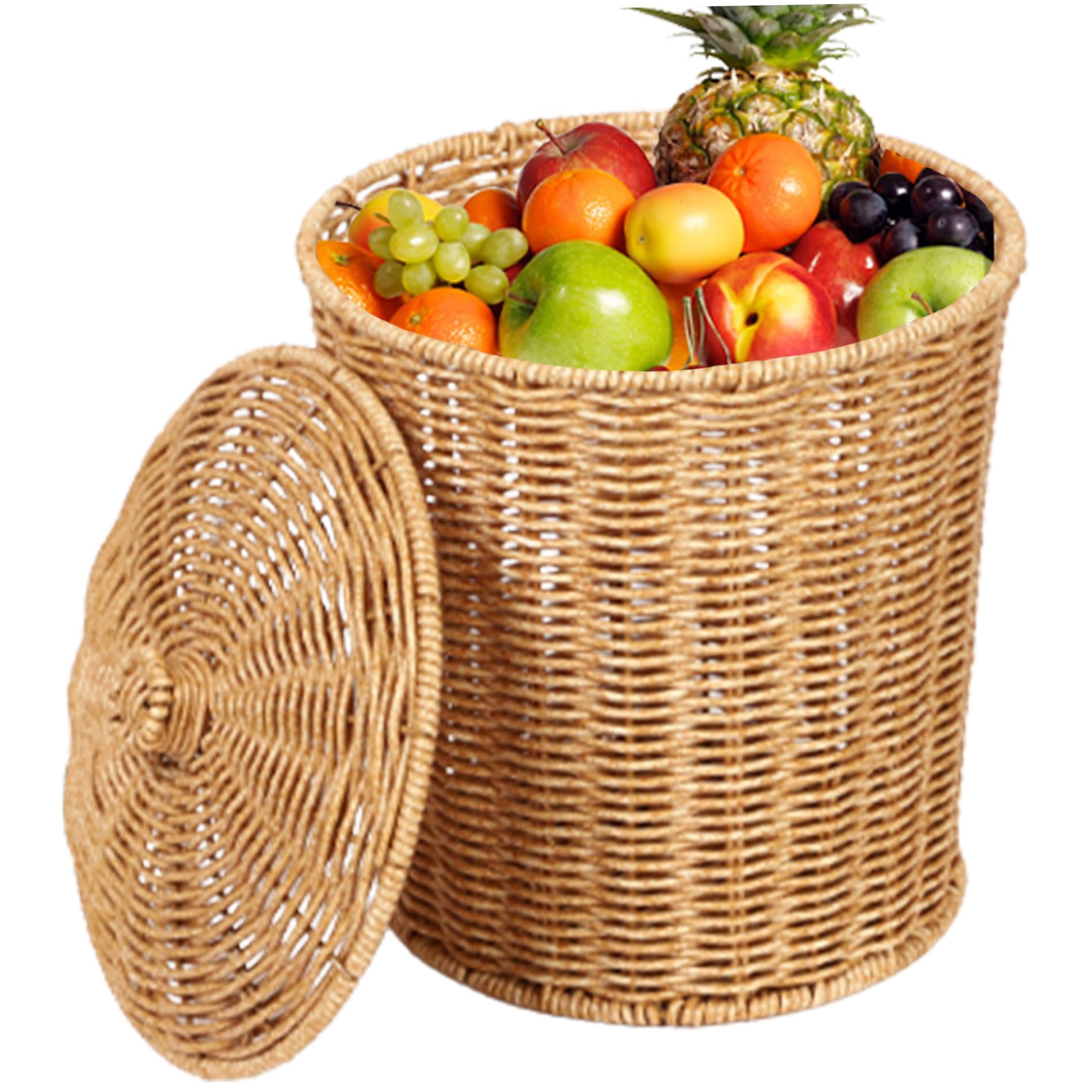 Wicker Basket with Lid, Round Woven Trash Can Laundry Storage for Bedroom Bathroom/ 9x11 Inch