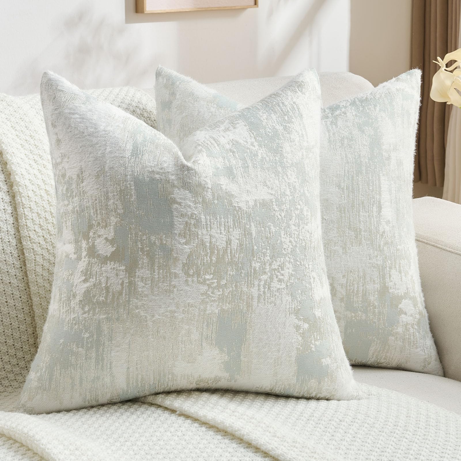 FUTEI Set of 2 Faux Cashmere Jacquard 40x40 cm Cushion Covers Soft Marble Pattern Scatter Pillow Covers 40 x 40 cm Farmhouse Accent for Sofa Bedroom Living Room, Light Blue White — image 1