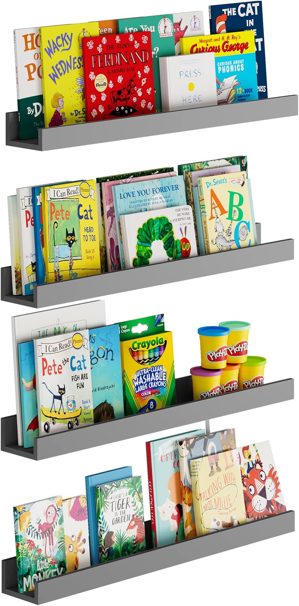 Wallniture Denver Kids Bookshelf Nursery Book Shelves Picture Ledges 34" Floating Shelves for Wall, Gray Set of 4