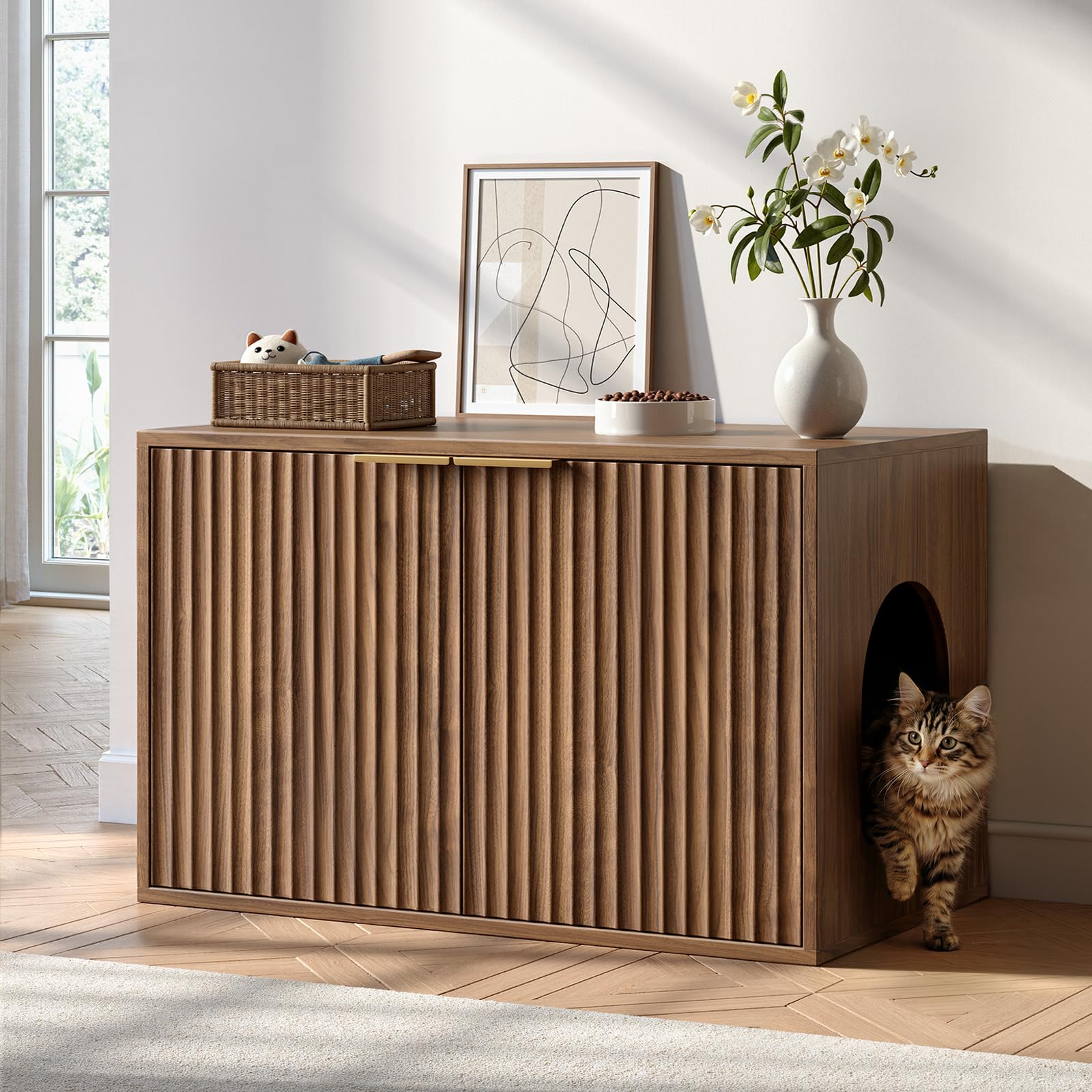 Evermagin walnut litter box enclosure cabinet with side entry and double doors