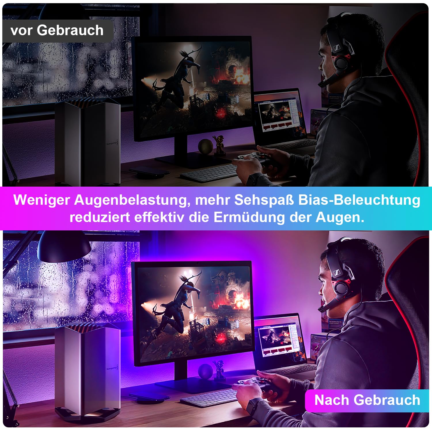 Herrselsam Striscia LED RGB RGB 111 cm per monitor PC da 27 pollici, striscia luminosa al neon, retroilluminazione PC, illuminazione LED USB con controllo app, confezione da 2