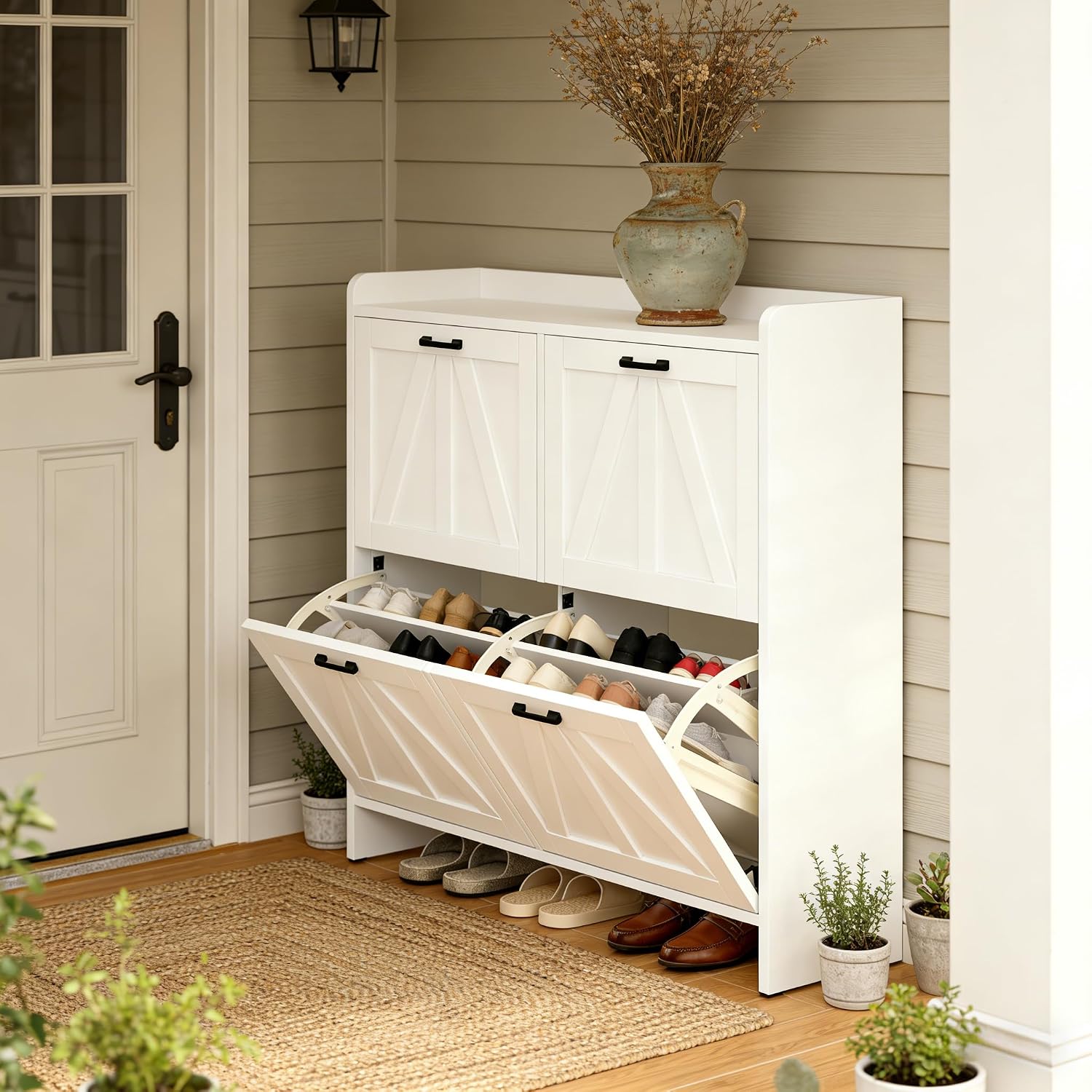 Light Oak Rustic Barn-Door Shoe Cabinet with 4 Flip Drawers, Sleek Space-Saving Entryway Organizer for Living Room