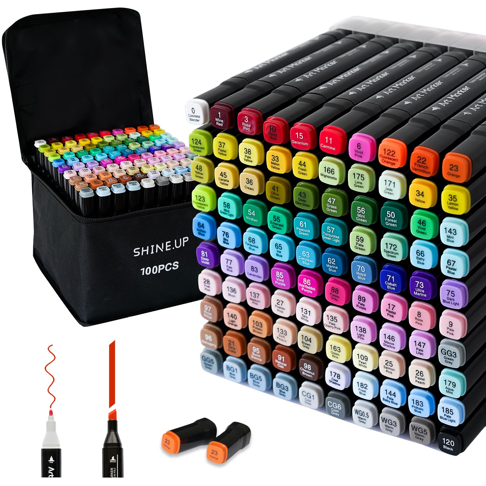 SHINE.UP 100 Colors Dual Tip Alcohol Markers Set, Chisel & Fine Point, plus 1 Colorless Blender, Professional Art Markers for Blending, Adult Coloring