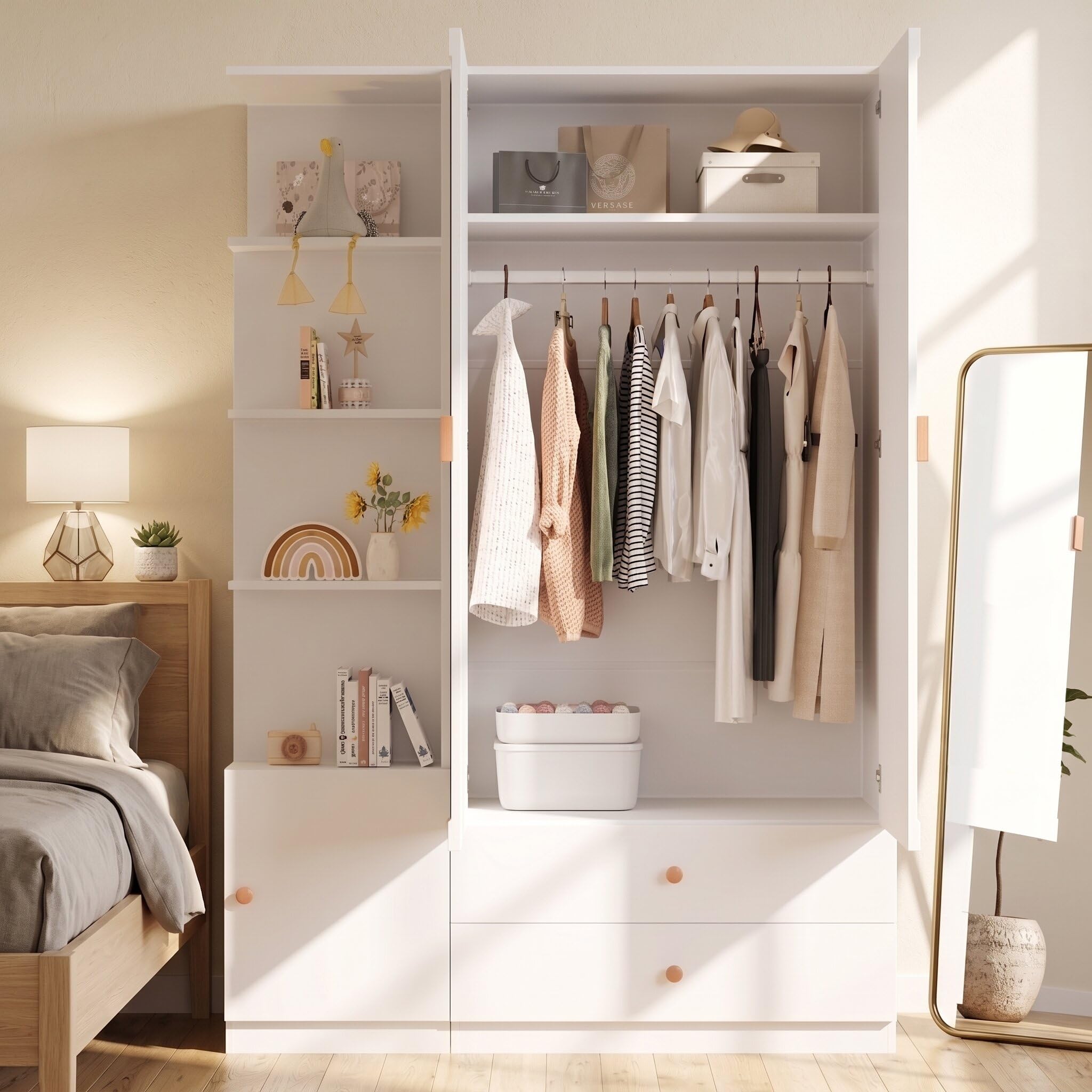 Merax Kleiderschrank Kinderzimmer 135 x 45 x 200 cm, großer Kinderkleiderschrank Weiß mit 2 Kleiderstangen, 2 Schubladen, flexiblem Seitenschrank und 4 Massivholzgriffen, Schrank für Schlafzimmer