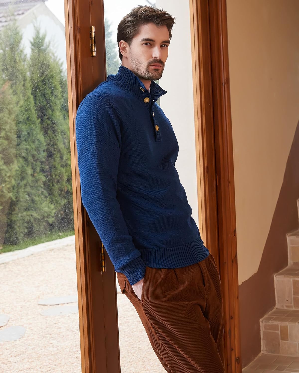 Kallspin Men's Pullover Sweater Wool Blend Midweight Mock Neck Quarter-Button Long Sleeve Pullover - Image 7