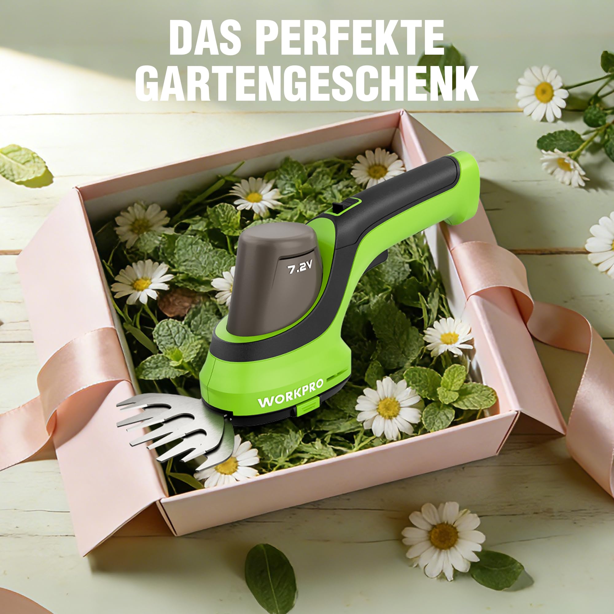 WORKPRO Gartenschere Akku 7,2V, 2 in 1 Gras- & Strauchschere mit 2 Messern | Schnittbreite 100 mm, Schnittlänge 150 mm, 2000mAh Akku & Ladekabel, Heckenschere für Rasenkanten, Strauchschnitt