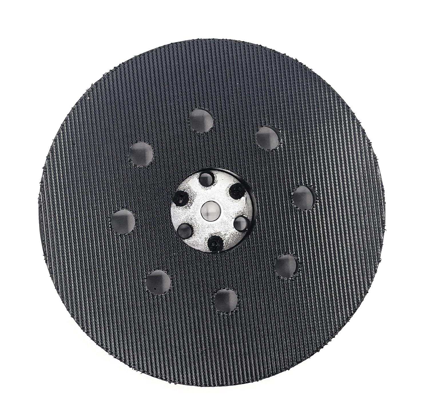 Bottom view of the Tolxh 5-inch, 9-hole sanding pad with hook-and-loop surface