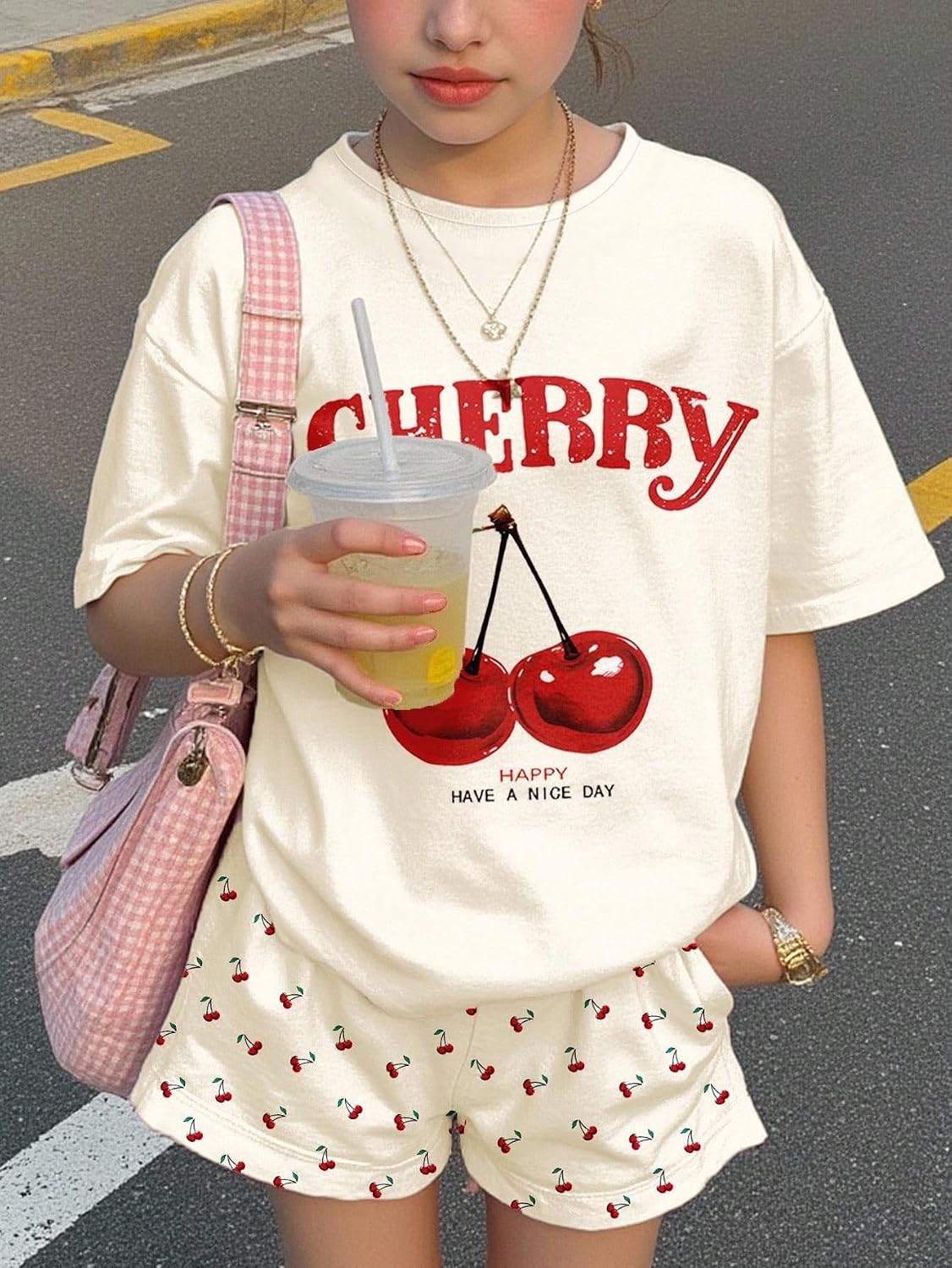 Verdusa Girl's 2 Piece Sets Cherry Graphic Tees with Casual Shorts Summer Outfits