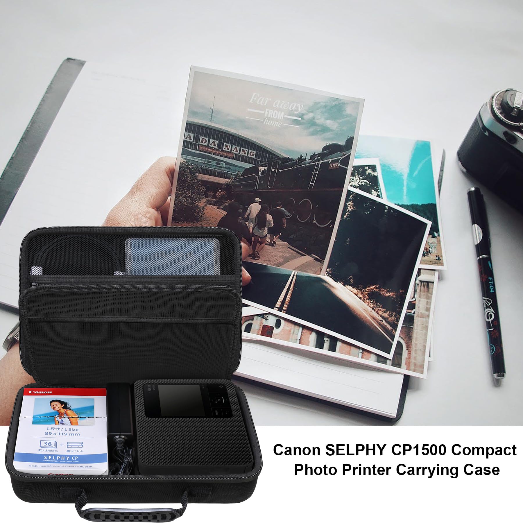 Elonbo Canon Selphy CP1500 Compact Photo Printer Valise Portable Bluetooth Impression Instantanée Sac de Rangement pour Appareil Photo Sac en Filet pour Câble de Papier Photo Zink, Noir