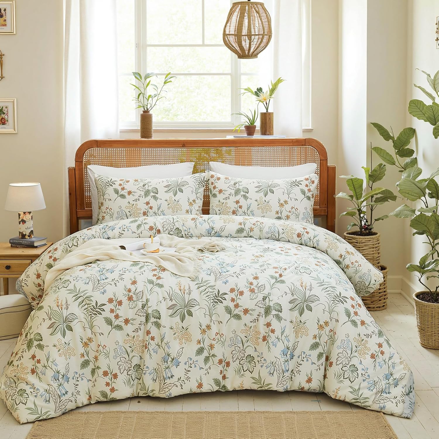 Merryword 100% Cotton Comforter Set King Size 3 Pcs Botanical Comforter Set Nature Floral Bedding with Greenery & Orange Flowers, Soft Breathable Lightweight Comforter Set for Cozy Bedroom Style - Image 3