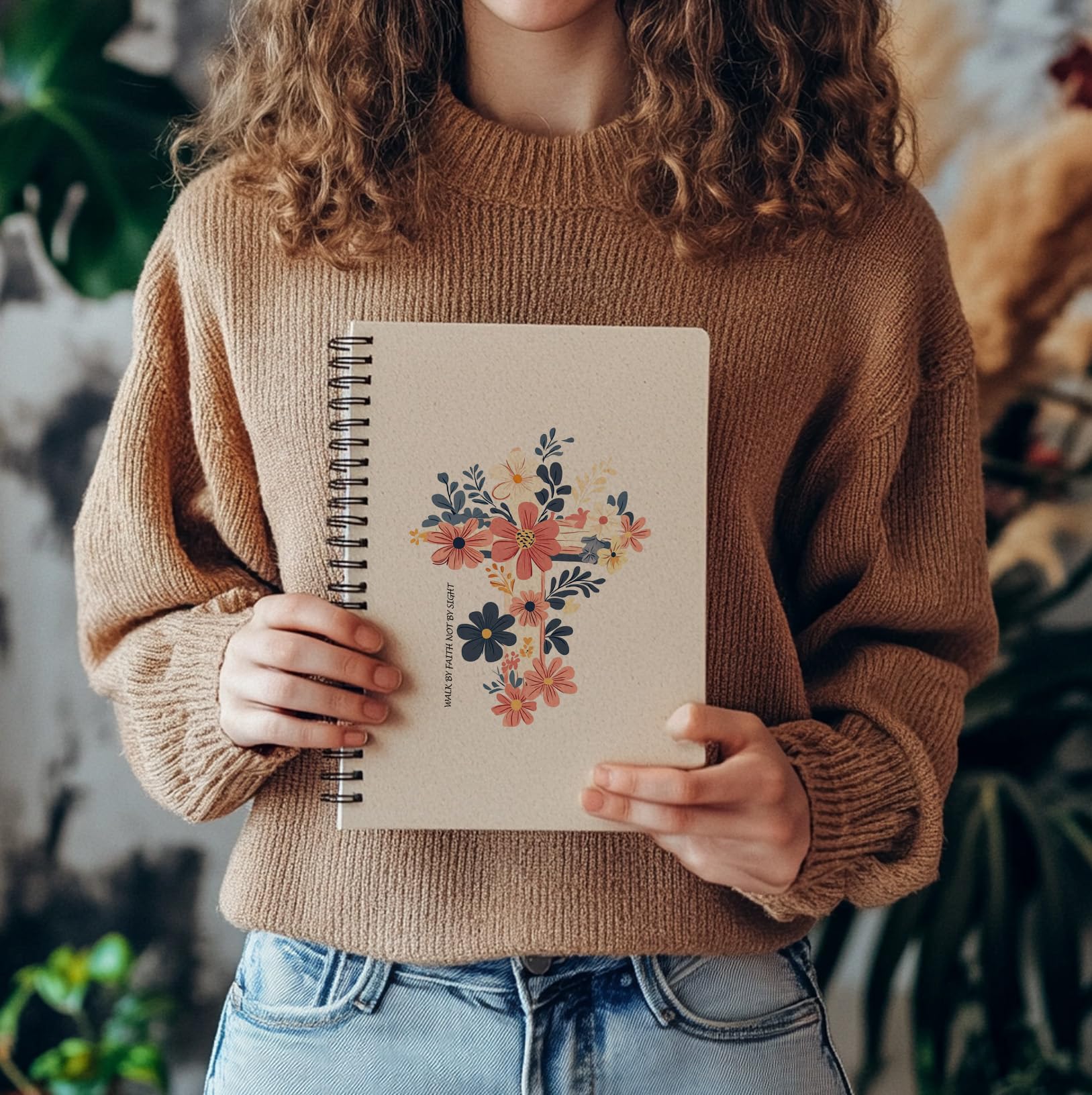 bitCNY Cuaderno de espiral cristiano con cruz floral, diario religioso Walk by Faith Not by Sight, diario de oración cristiana para mujer, cuadernos de diario de la Biblia para tomar notas, 5.5 x 8.3