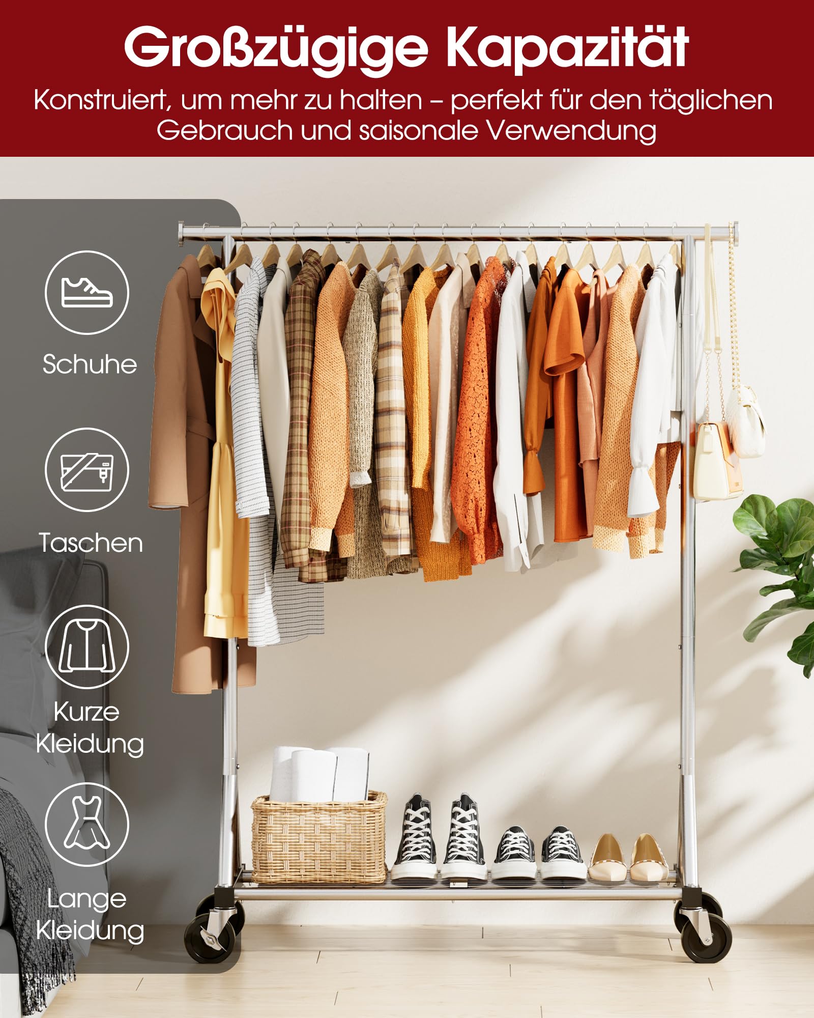 Sakugi Kleiderständer auf Rollen – Robuste Kleiderstange aus Edelstahl mit Mesh-Regal, multifunktionaler Garderobenständer für Schlafzimmer, Wäscheraum, Laden, 110 x 42 x 163.3 cm, Silbern