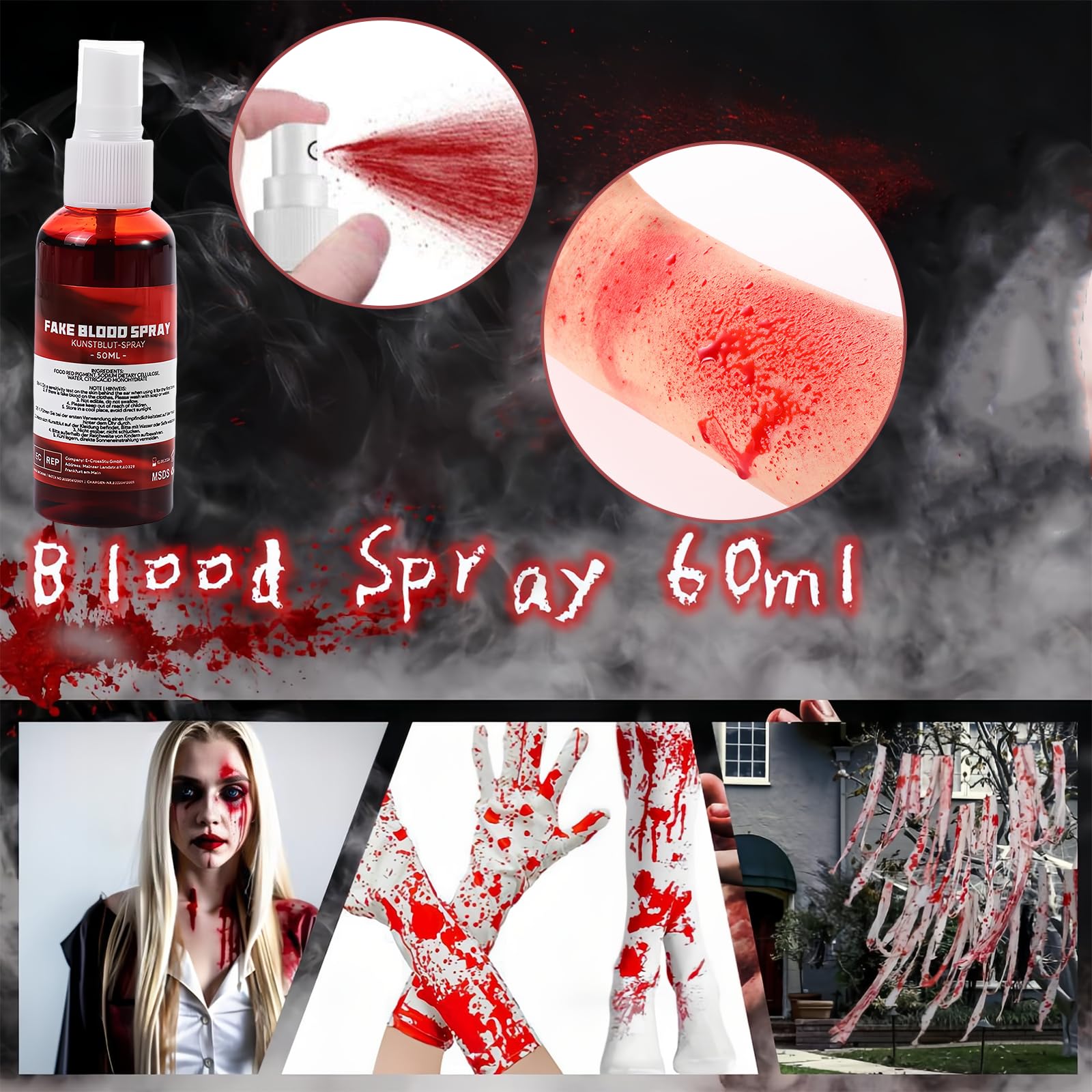 Sangue Finto Lavabile Halloween 60ml Spray 60ml Liquido 50g Coagulato, Cera Cicatriziale , 2x Denti di Vampiro, Set Trucco Effetti Speciali Trucchi Hallowen