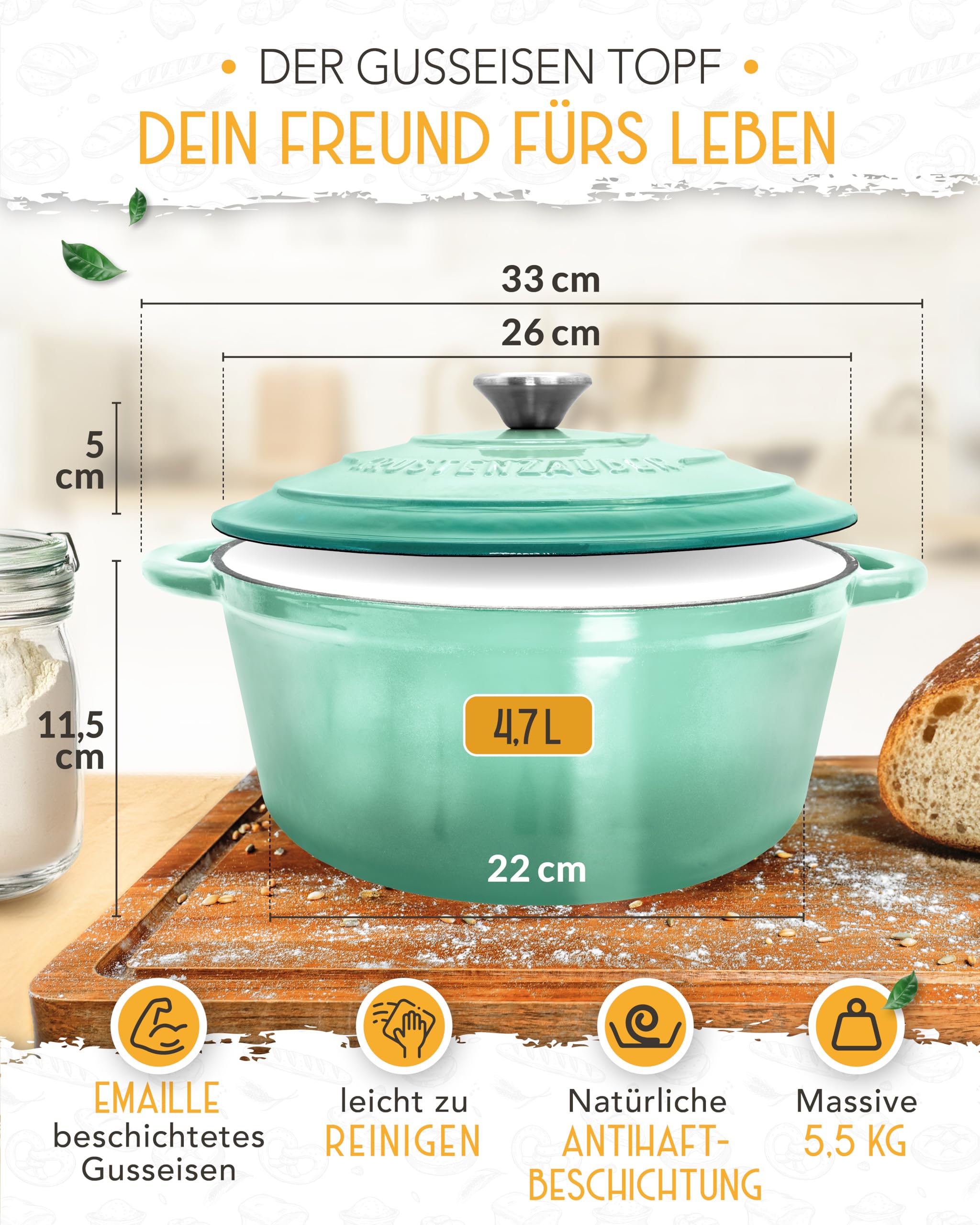 Żeliwny garnek do pieczenia chleba, emaliowany, w zestawie XXL – forma do pieczenia chleba z pokrywką w zestawie z koszem do fermentacji, trzepaczką, nożem piekarskim, skrobakiem do ciasta, pętlą do