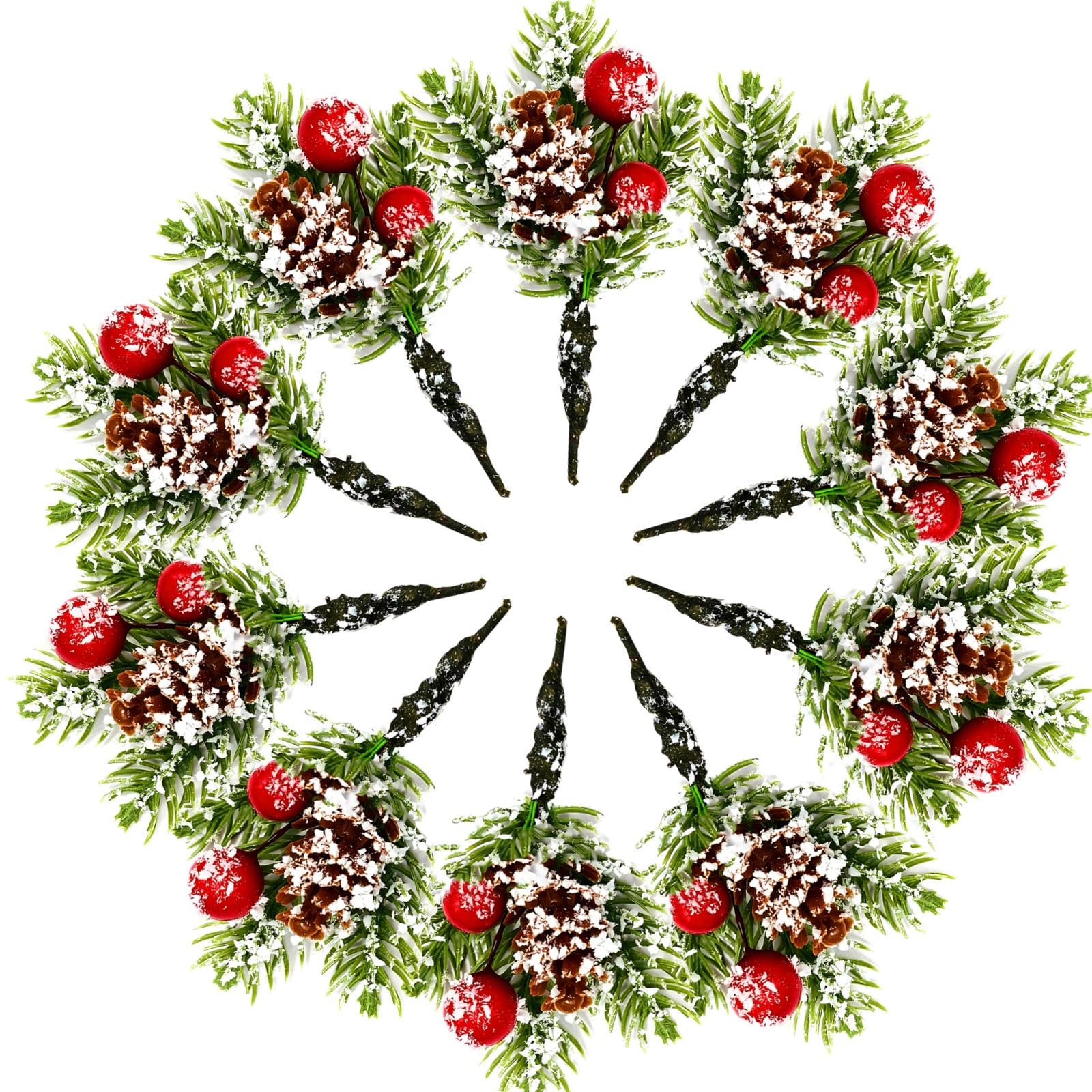 48 Stück Weihnachts Tannenzweige mit roten Beeren, künstliche Kieferzweige als Dekostäbe, für Weihnachtsbaum, Kranz und Girlande, winterliche Grünzweige für festliche Innen und Außendekoration