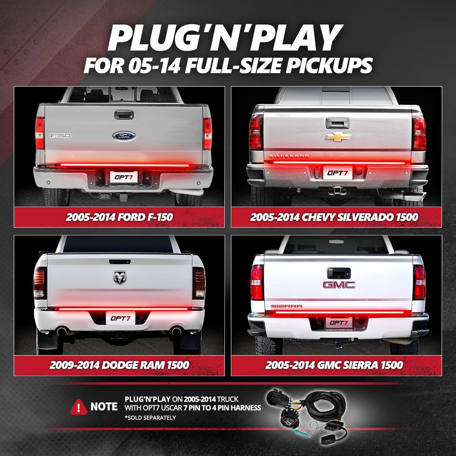 opt7 60" redline triple row led tailgate light bar w/sequential red turn signal, rigid aluminum frame strip – fits 2005–2014 f150, ram, silverado/sierra 1500 – full function: brake, reverse, running 60-inch - red turn