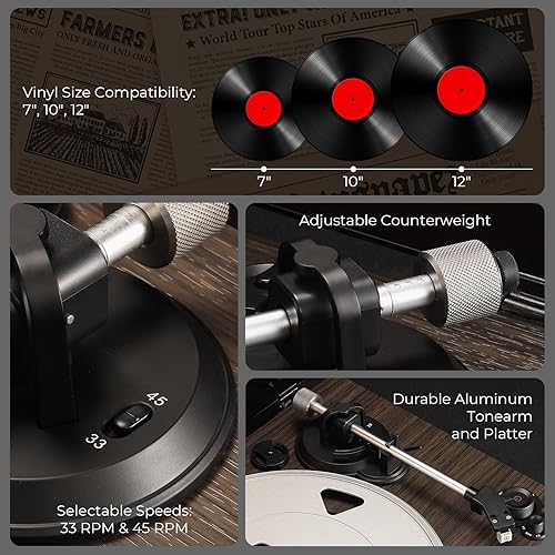 Miniatura 6 de Reproductor de discos de vinilo con cartucho AT-3600L y altavoces de 60 W, tocadiscos de transmisión por correa de 2 velocidades, preamplificador de