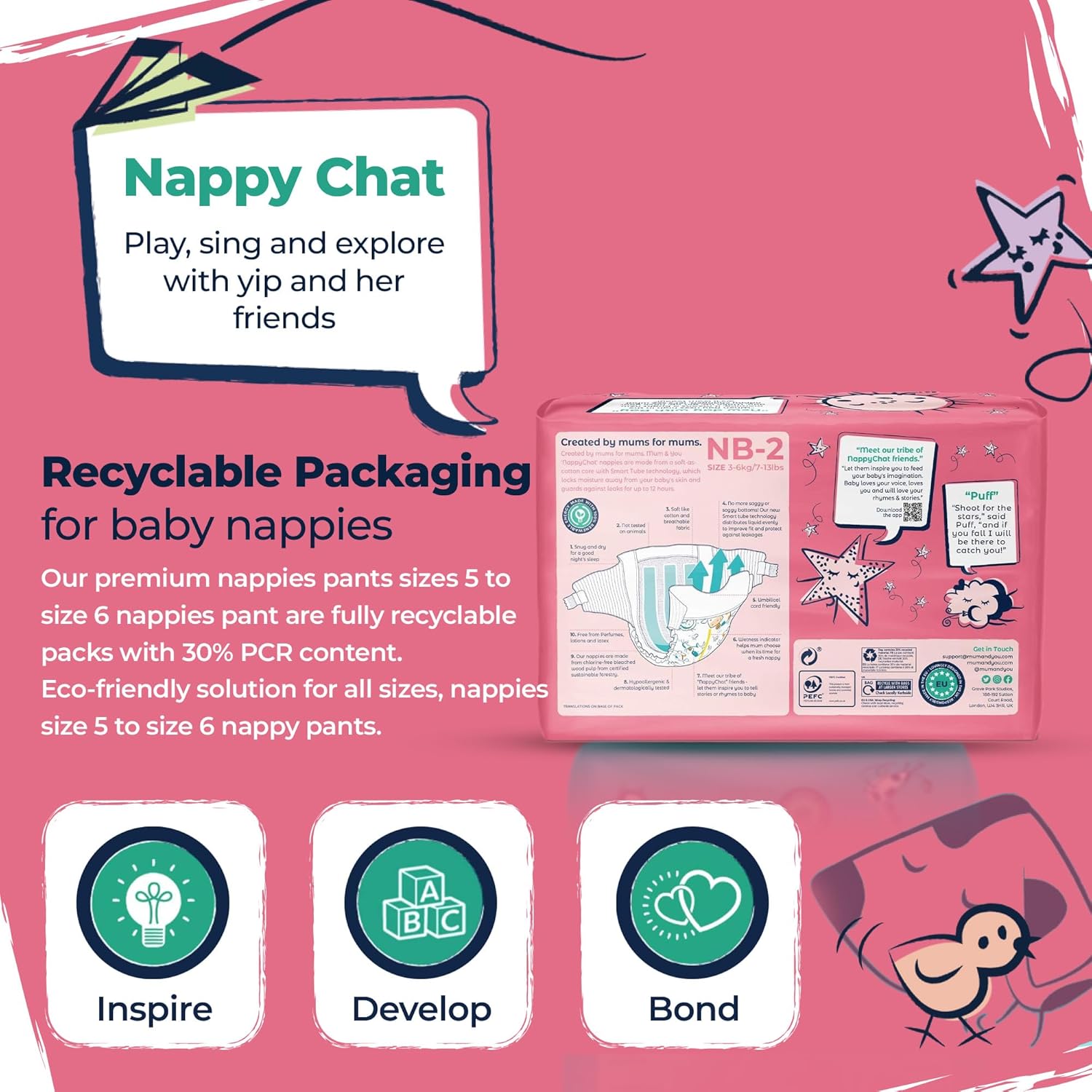 M&Y Nappychat Premium Performance Eco Diapers, Size 2 (44 Diapers) Smart Tube Technology. Leak Protection. 100% Recyclable. Hypoallergenic, Dermatologically-Tested No Lotion, Perfume or Dyes
