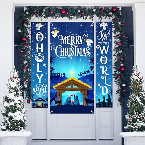 Cartel de Navidad para puerta de Natividad, pancarta azul con la frase "Merry Christmas" para puerta y porche con texto en inglés "Holy Night Joy to