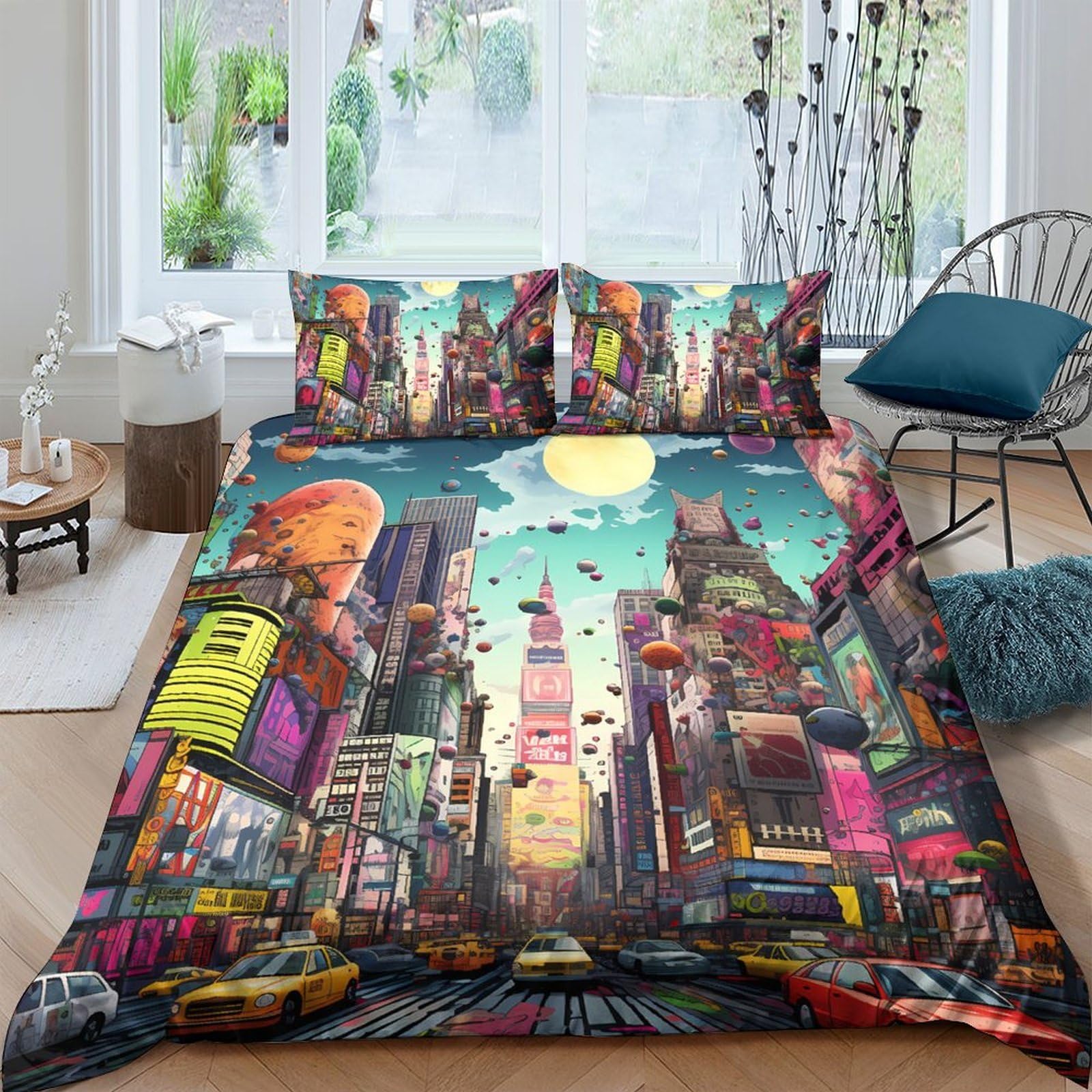 Ctjqhvkz Style-9 3D Printed City Nightscape Fitted Sheet Microfiber Colourful Urban Art Mattress Cover For Bedroom Guest Room Decor Single（135X200cm）