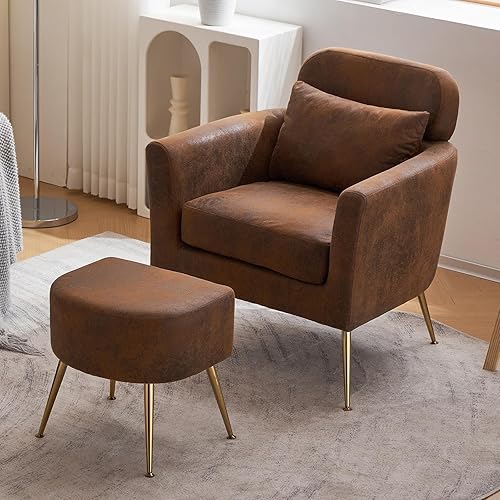 Miniatura 10 de VERYKE Comfy Accent - Juego de silla y otomana con patas de metal y almohada, sillón tapizado de franela con sofá otomano suave para sala de estar,