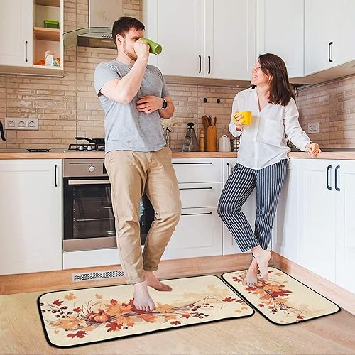 Miniatura 7 de Exnundod Juego de 2 alfombras de cocina coloridas con hojas de otoño, diseño de calabazas, alfombra de Acción de Gracias, lavable, antideslizante,