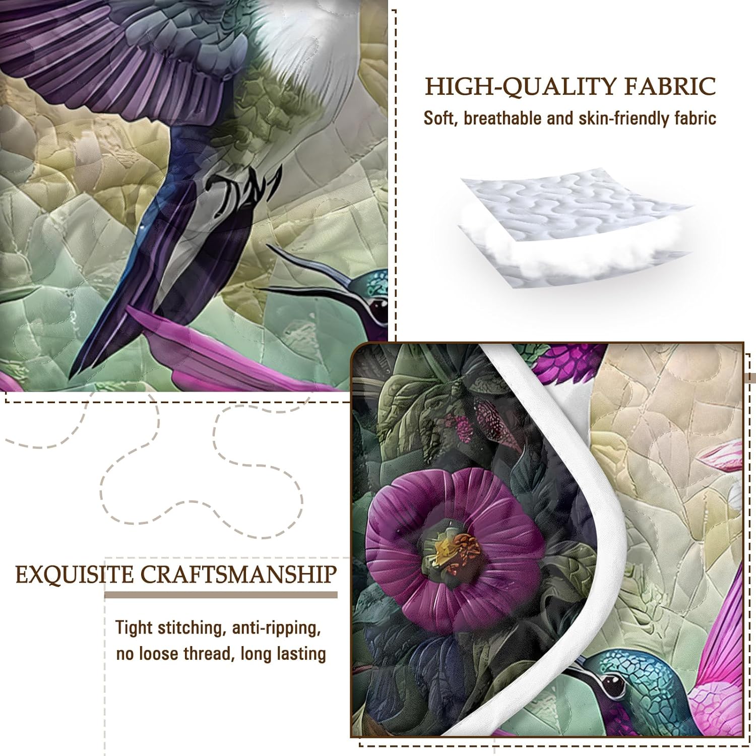 BlessLiving Full/Queen Size Quilt Bedding Set with Pillow Shams, Morning Glory Hummingbird Print Lightweight Soft Bedspread Coverlet, Quilted Blanket Thin Comforter Bed Cover for All Season, 92"x96"