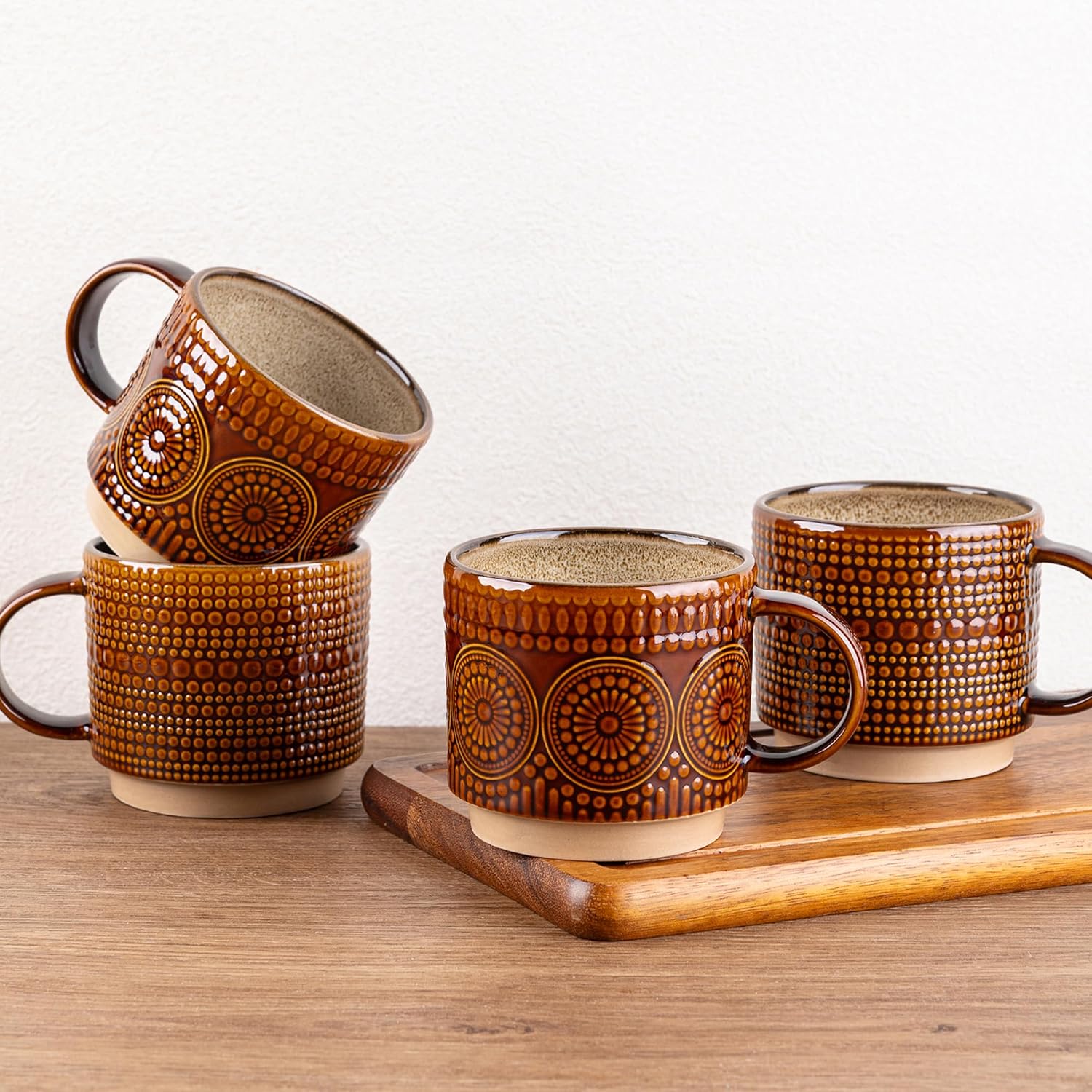 GBhome 16OZ Stackable Coffee Mugs, Ceramic Coffee Mugs with Texture Patterns for Man,Woman,Dad,Mom, Modern Coffee Mugs Set of 4 for Latte/Cappuccino/Cocoa. Dishwasher&Microwave Safe