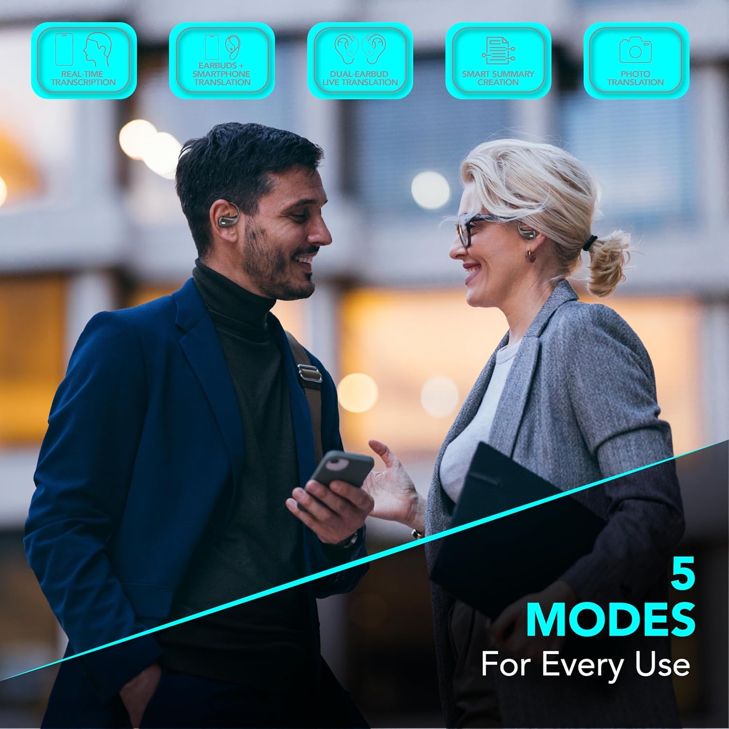 Two people interacting with a smartphone, showing 5 modes for NEBIT earbuds