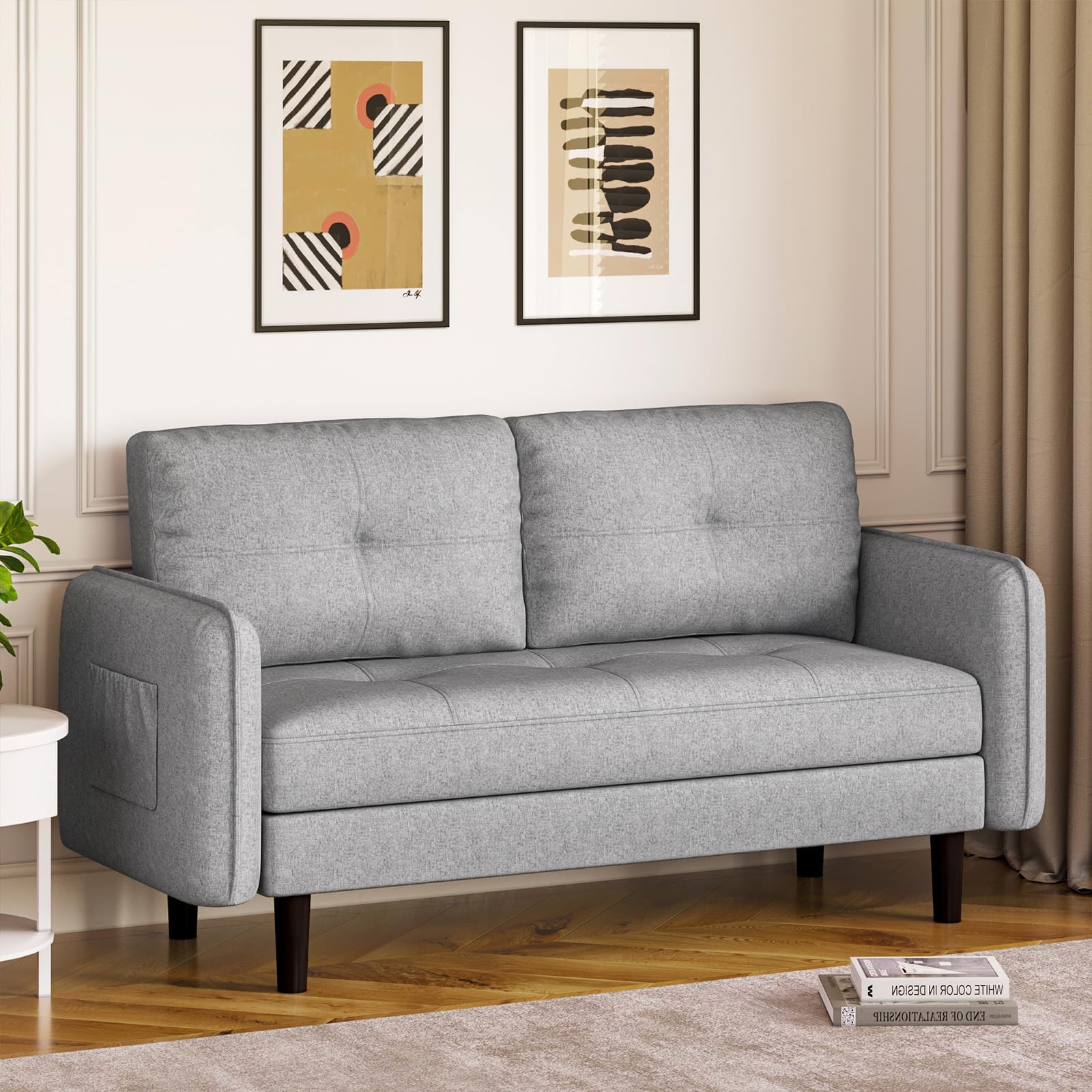 Hadibio 2 Seater Sofa, Modern Small Sofa Couch with Thicken Cushions, Comfy Loveseat Sofa 2 Seater with Storage Pocket, Upholstered Couch for Living Room Bedroom Apartment Office (Linen Grey)