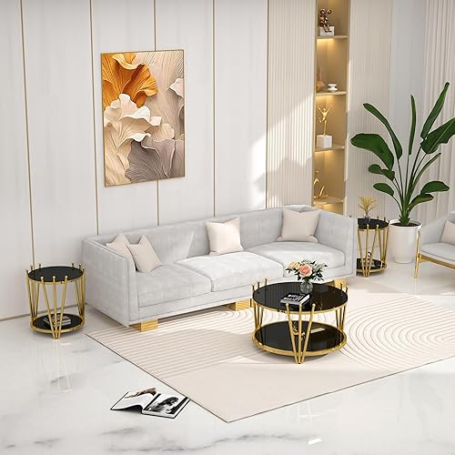 Miniatura 2 de Juego de 3 mesas de centro de cristal negro de lujo, mesa auxiliar redonda dorada moderna para sala de estar, diseño de corona de acero inoxidable,