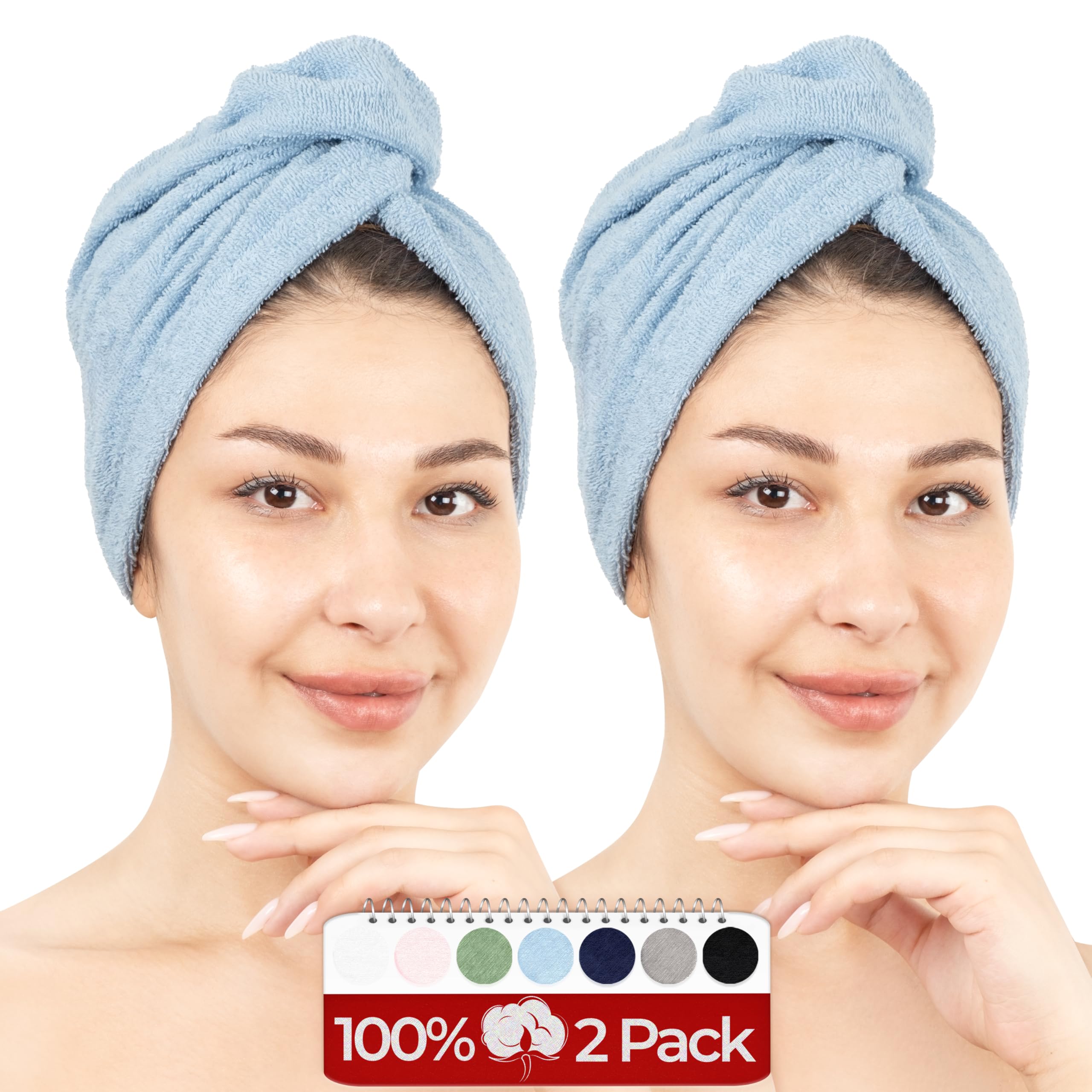 Hammetex Toallas de pelo 100% algodón para mujer, 2 unidades, mullidas y absorbentes rápidas, de secado rápido, turbante con botón, color azul claro OEKO-TEX STANDARD 100
